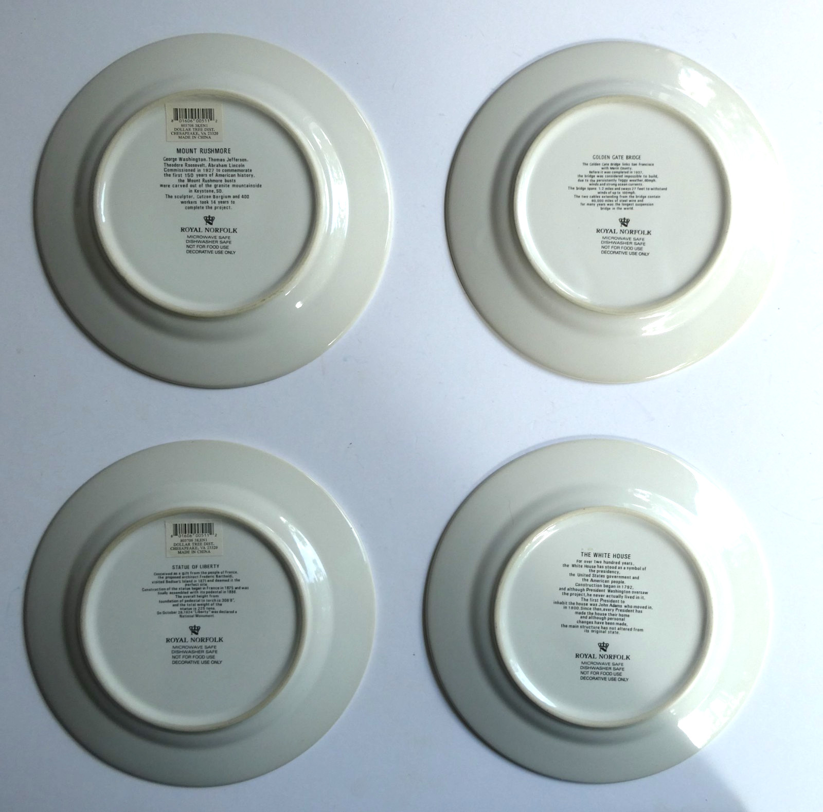 Royal Norfolk 4 Lot 7.5″ Plates White House Rushmore Statue Liberty Golden Gate