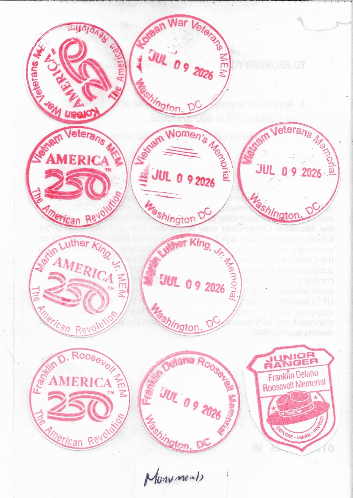 Washington DC Memorials America 250 NATIONAL PARK SERVICE PASSPORT STAMP Lot