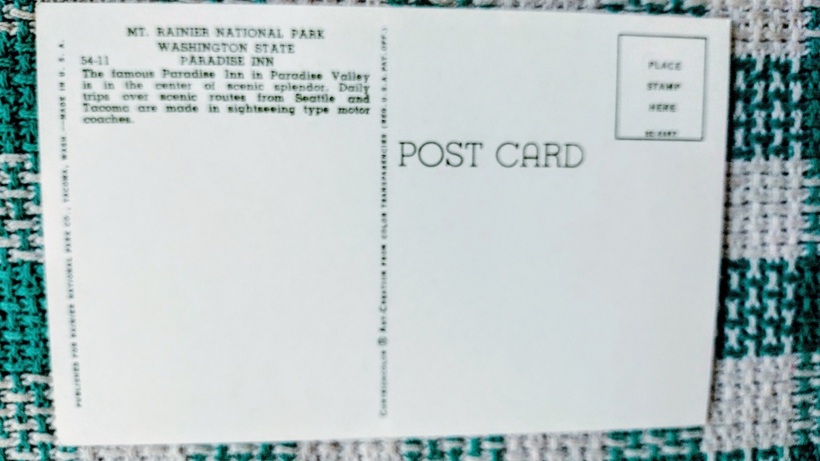 POST CARD MT.RAINIER NATIONAL PARK PARADISE INN WASHINGTON