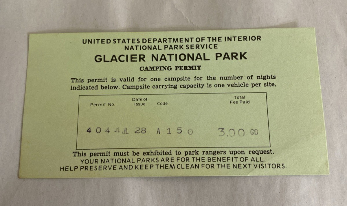1974 Glacier National Park Ephemera Lot: Brochure Map + Camping Permit Notes