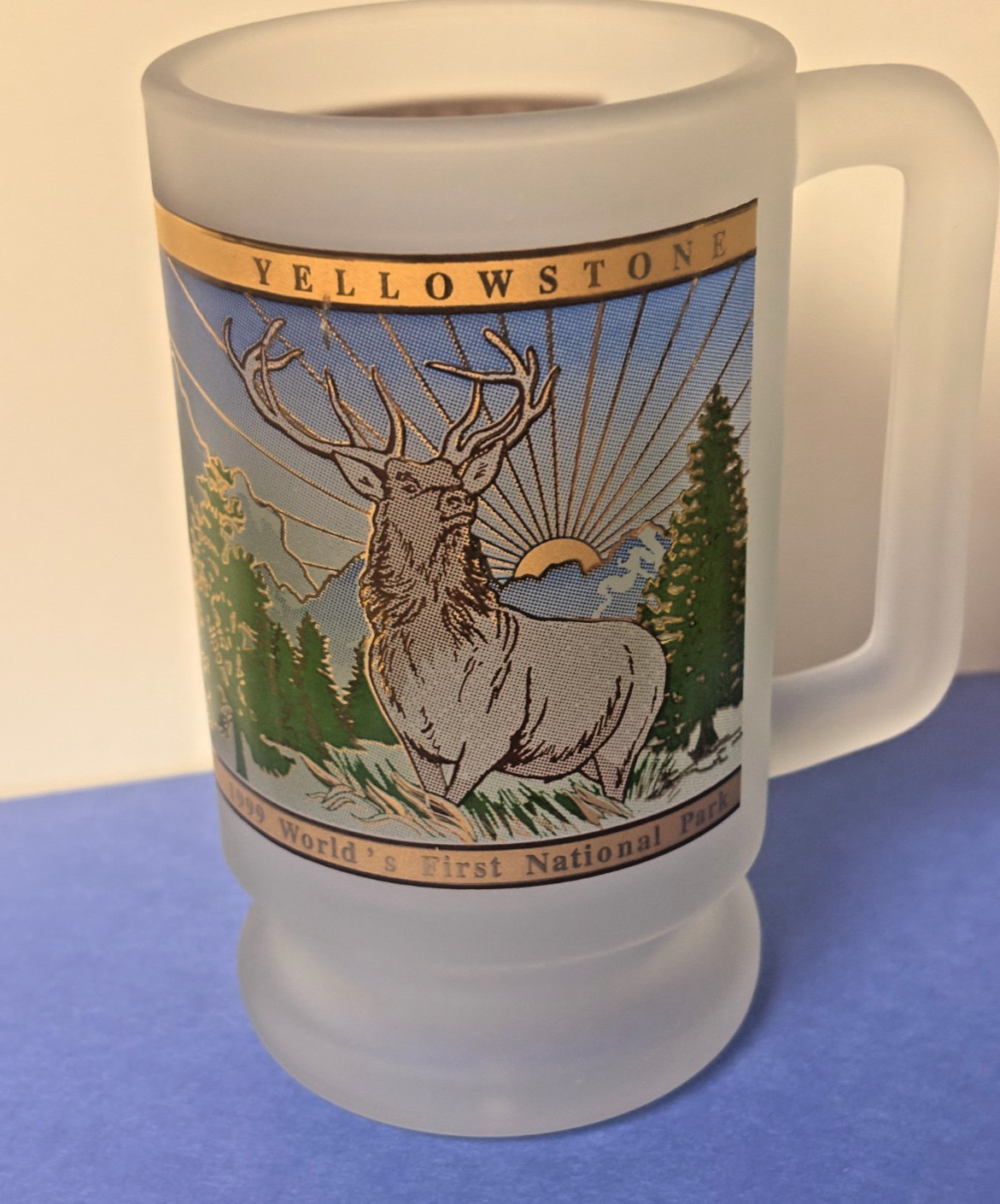 Vtg New 1999 YELLOWSTONE Worlds First National Park Frosted Glass Mug