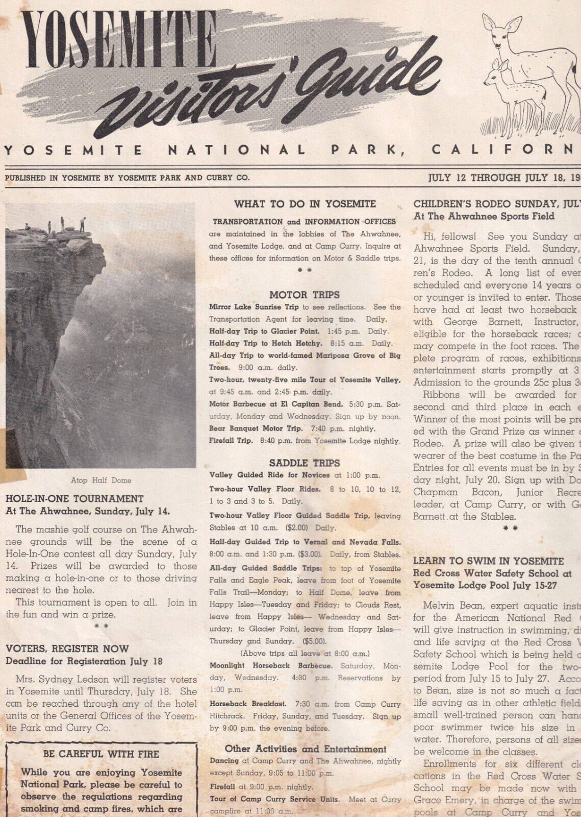 Yosemite Visitor’s Guide, July 1940, Large 12″ x 9″, Four Pages, Map, Events