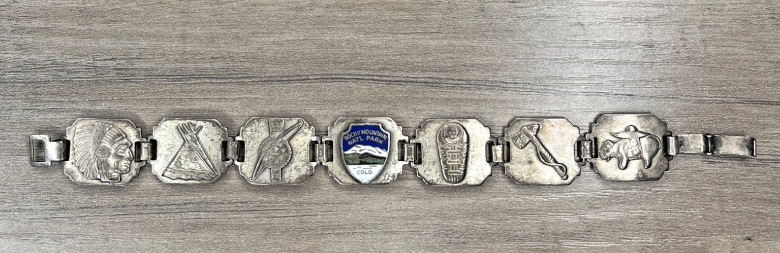 VTG Rocky Mountain National Park Colo Metal Enamel Link Panel Bracelet Souvenir