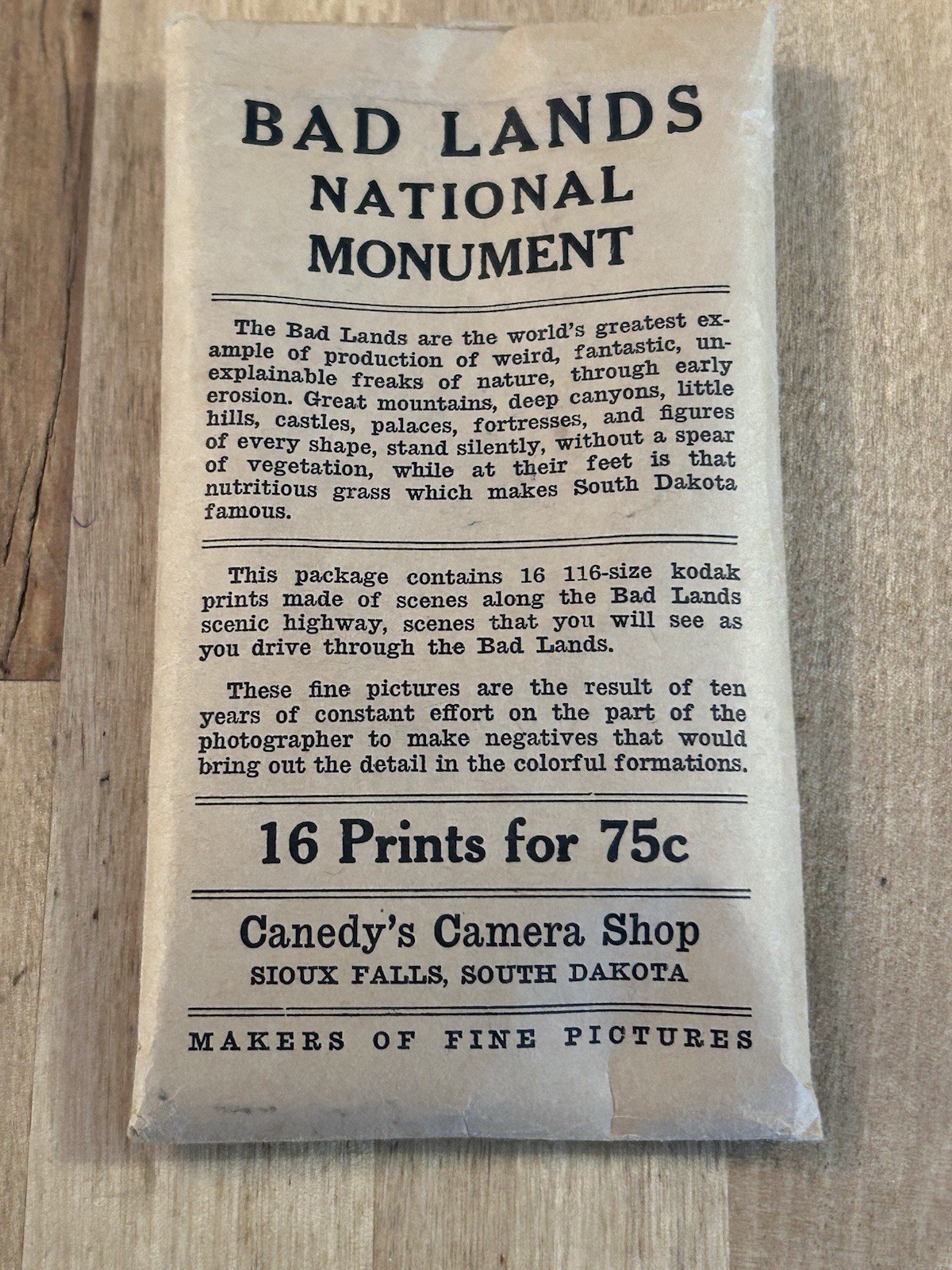 VTG 30s BAD LANDS National Monument Canedy’s Camera Shop 16 Photo Print Envelope