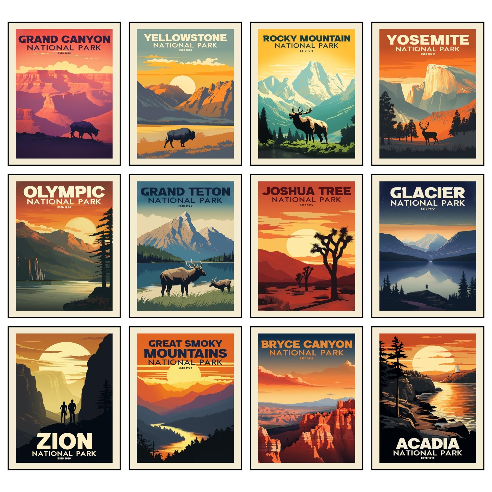 Vintage National Park Posters Set of 12 – 11×14 Unframed Nature Wall Art Prints