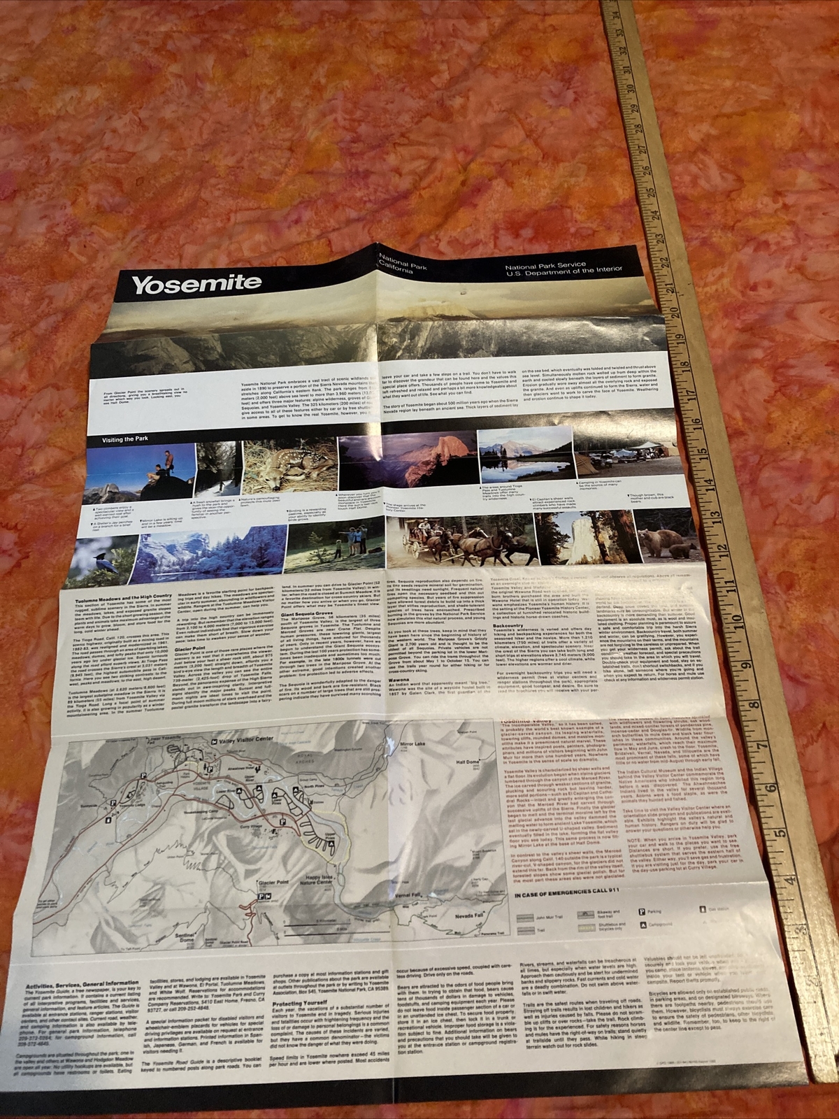 1988 Reprint Yosemite National Park Guide Map Double Sided 17 X 24 Inches