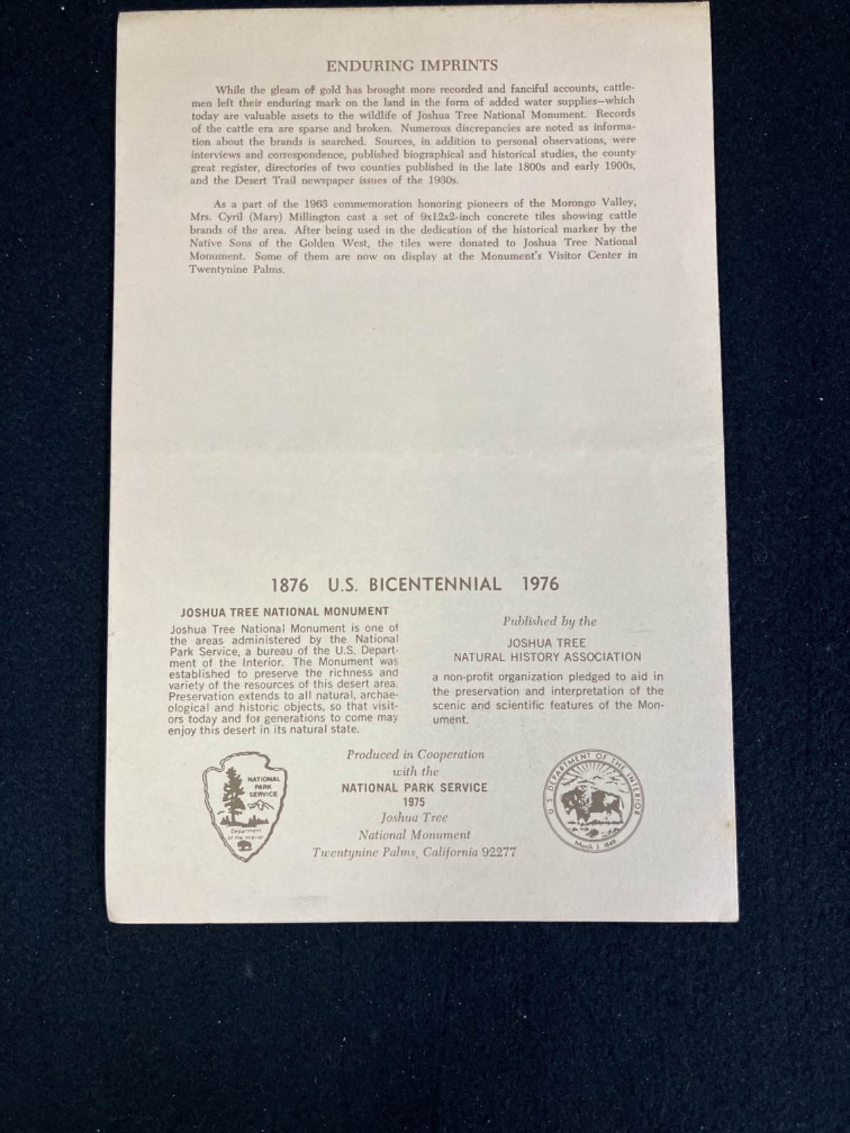 1975 CATTLE BRANDS OF JOSHUA TREE NATIONAL MONUMENT FOLDOUT BY LUCILE WEIGHT