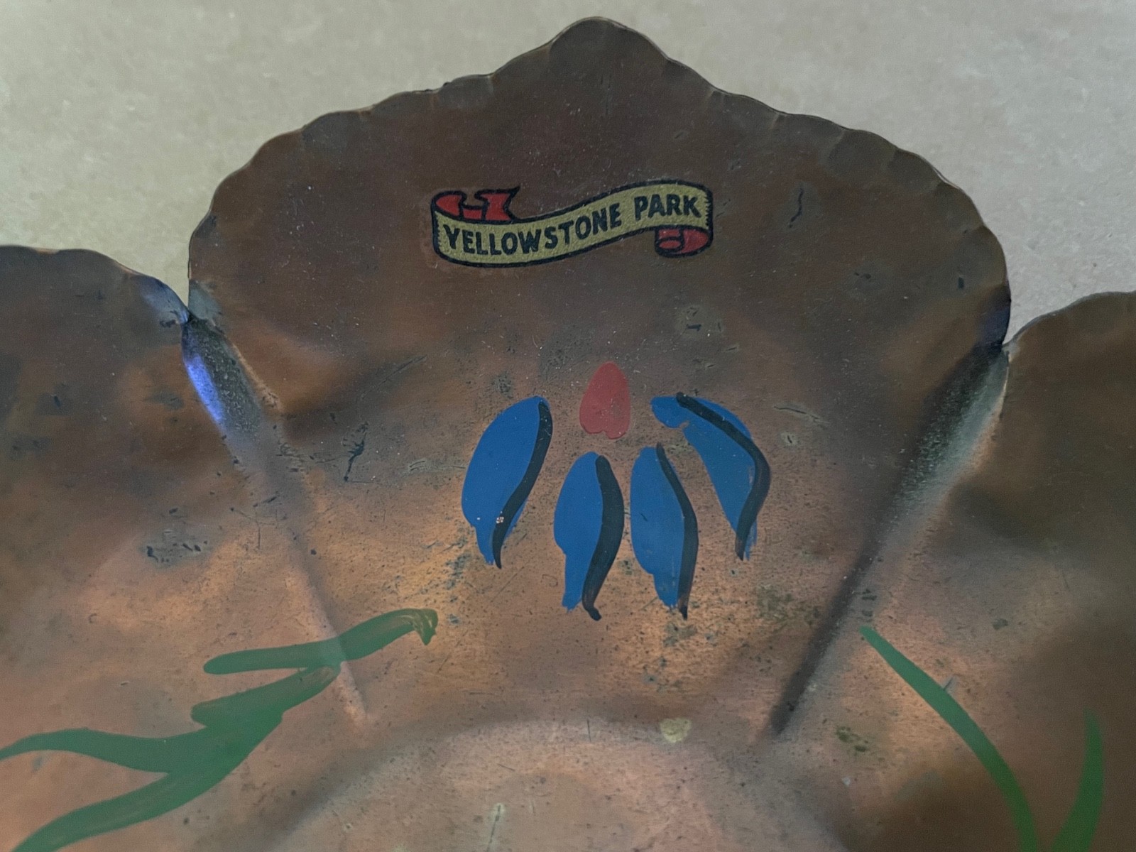 Vintage YELLOWSTONE Souvenir Copper Bowl Folk Art Painted Flowers Floral