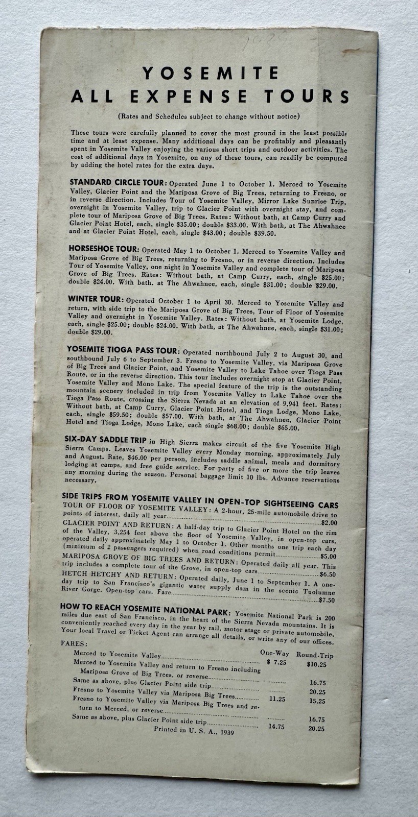 Yosemite 1939 Brochure Pamphlet w/ maps rooms color photos Yosemite CA