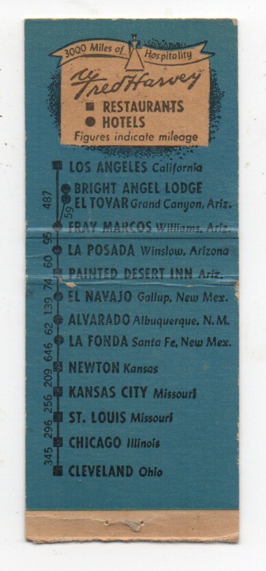 1930s Color Fred Harvey Matchbook Cover for El Tovar Hotel Grand Canyon