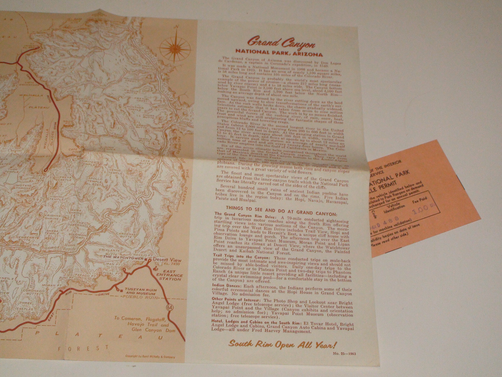 1963 Visitor’s Map Grand Canyon National Park Arizona & stamped vehicle permit