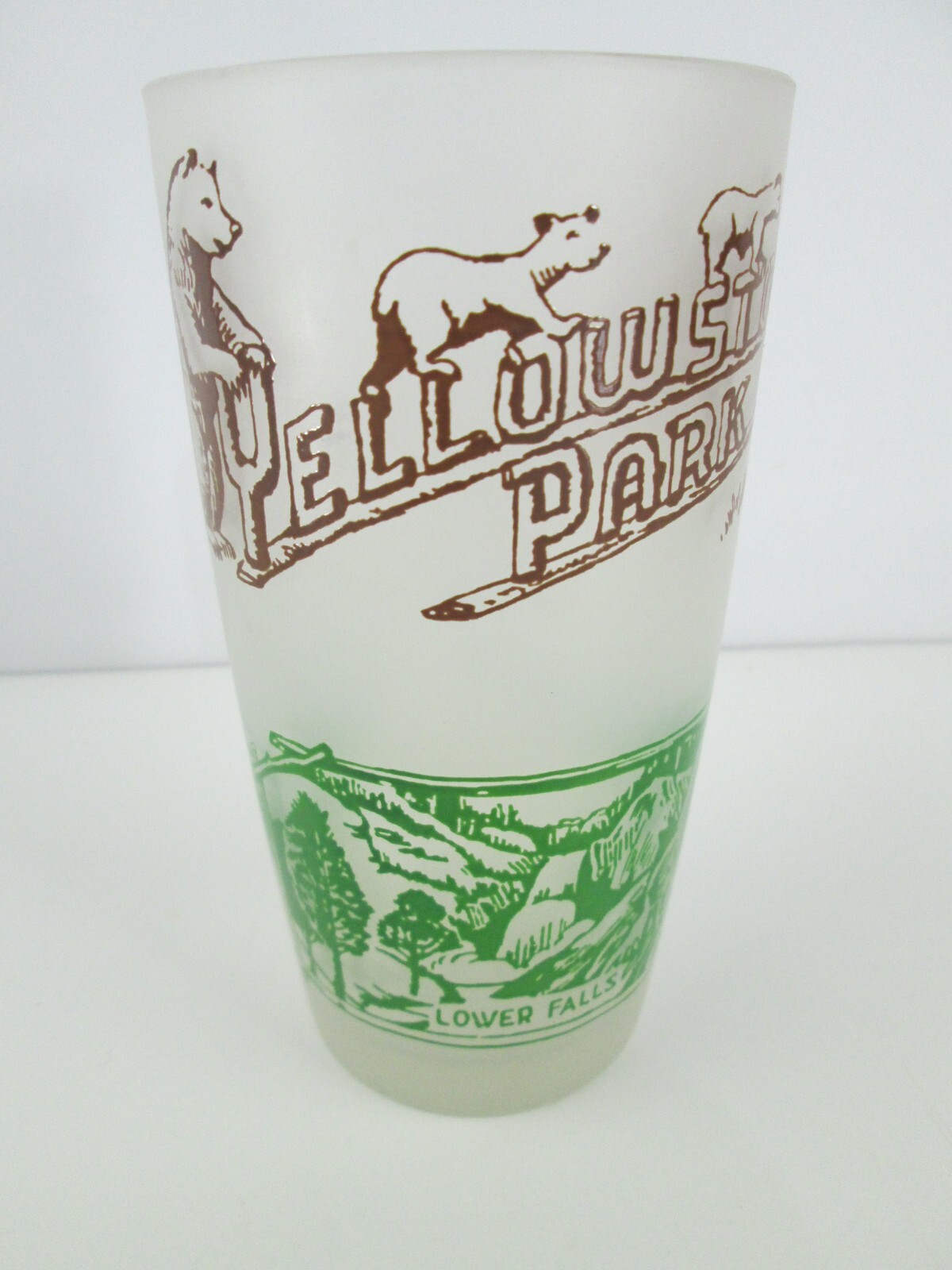 Vintage Yellowstone Park w/Bears Lower Falls Frosted Souvenir Glass