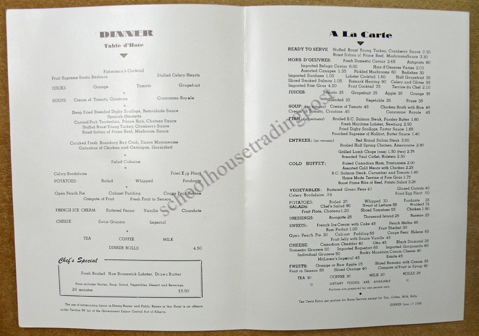 Chateau Lake Louise, Lake Louise, Alberta, Canada Dinner Menu June 15, 1956