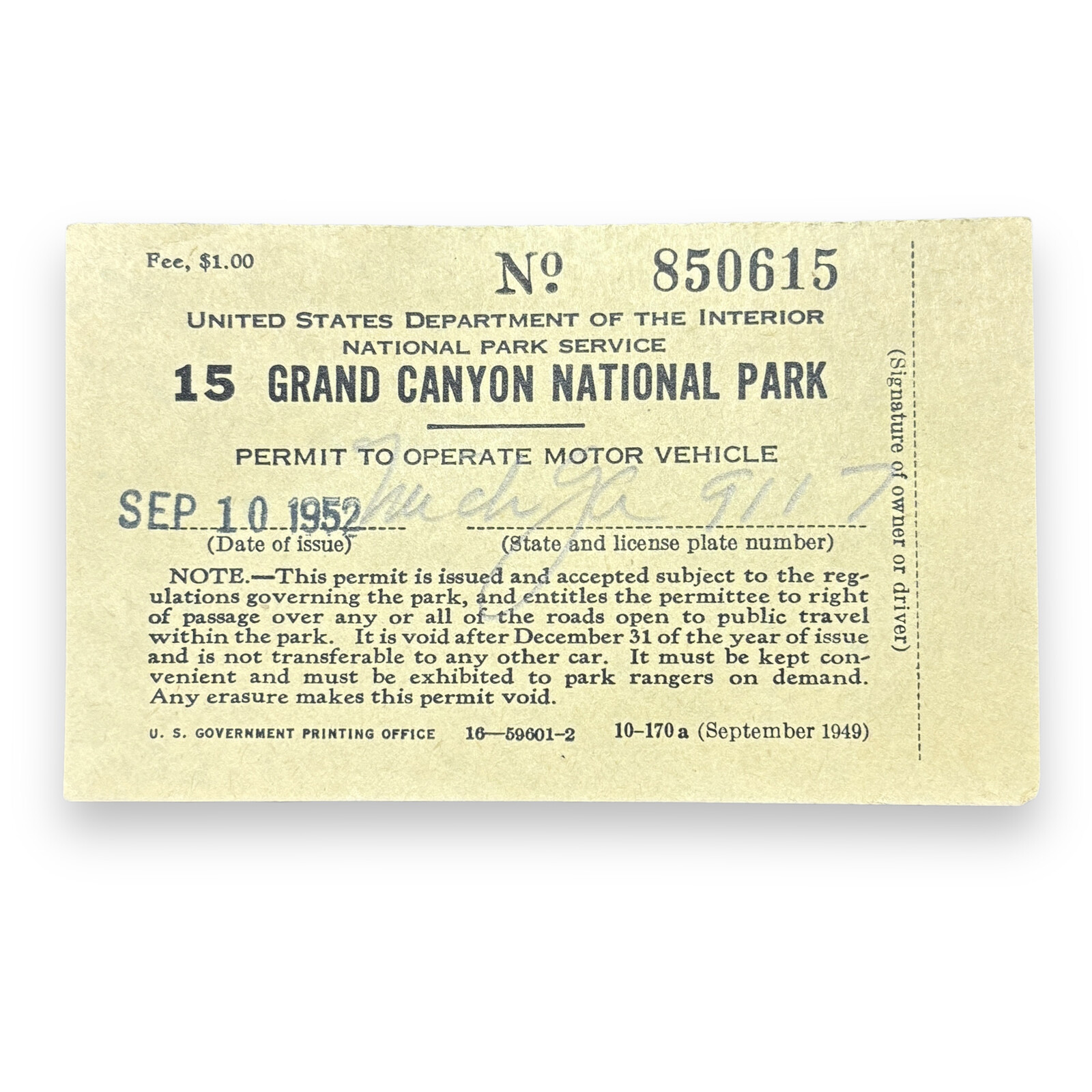 1952 Grand Canyon National Park Motor Vehicle Permit and Michigan License Number
