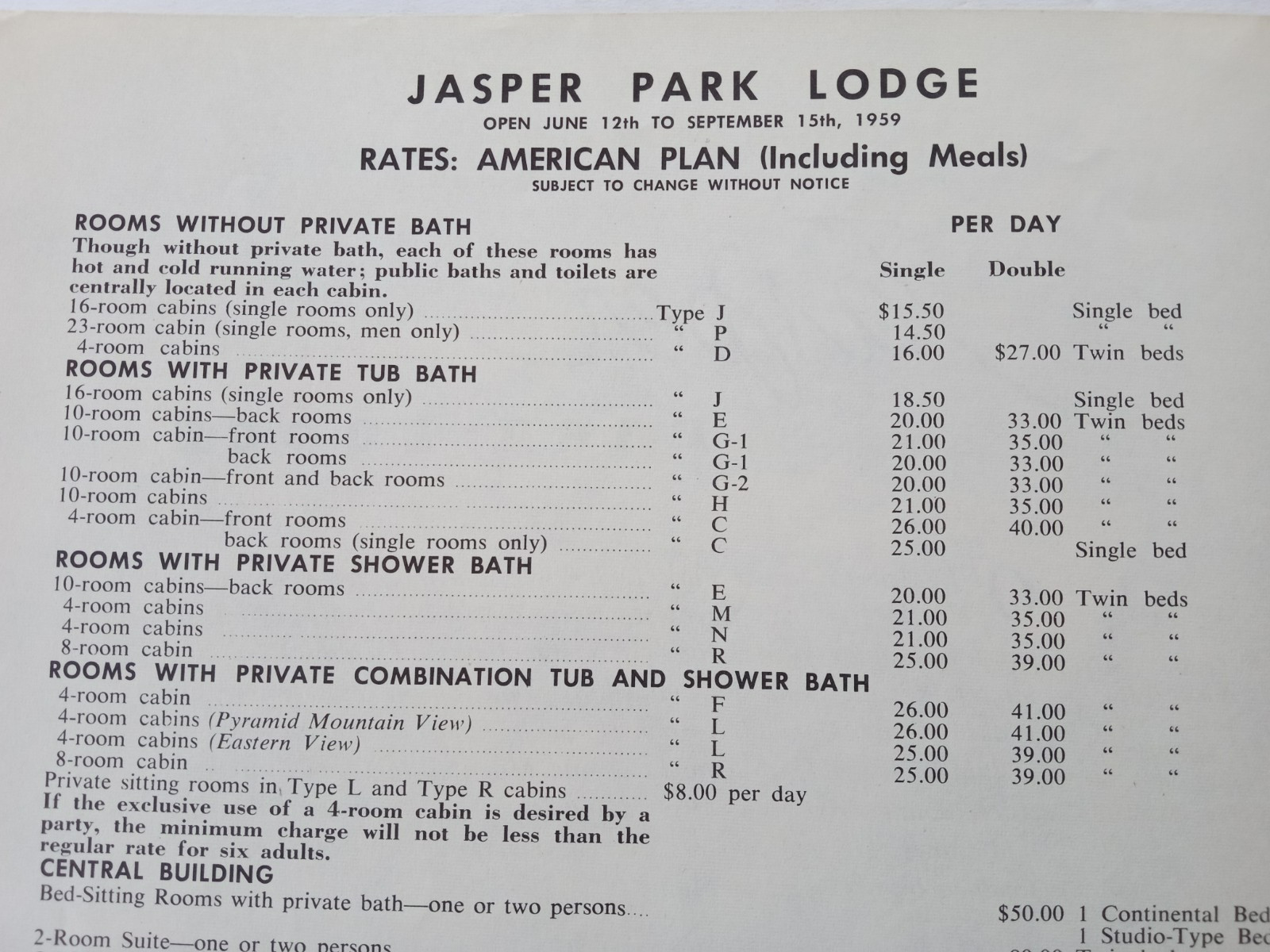 JASPER PARK LODGE Alberta 1959 Rates Information Book Canadian National Railways