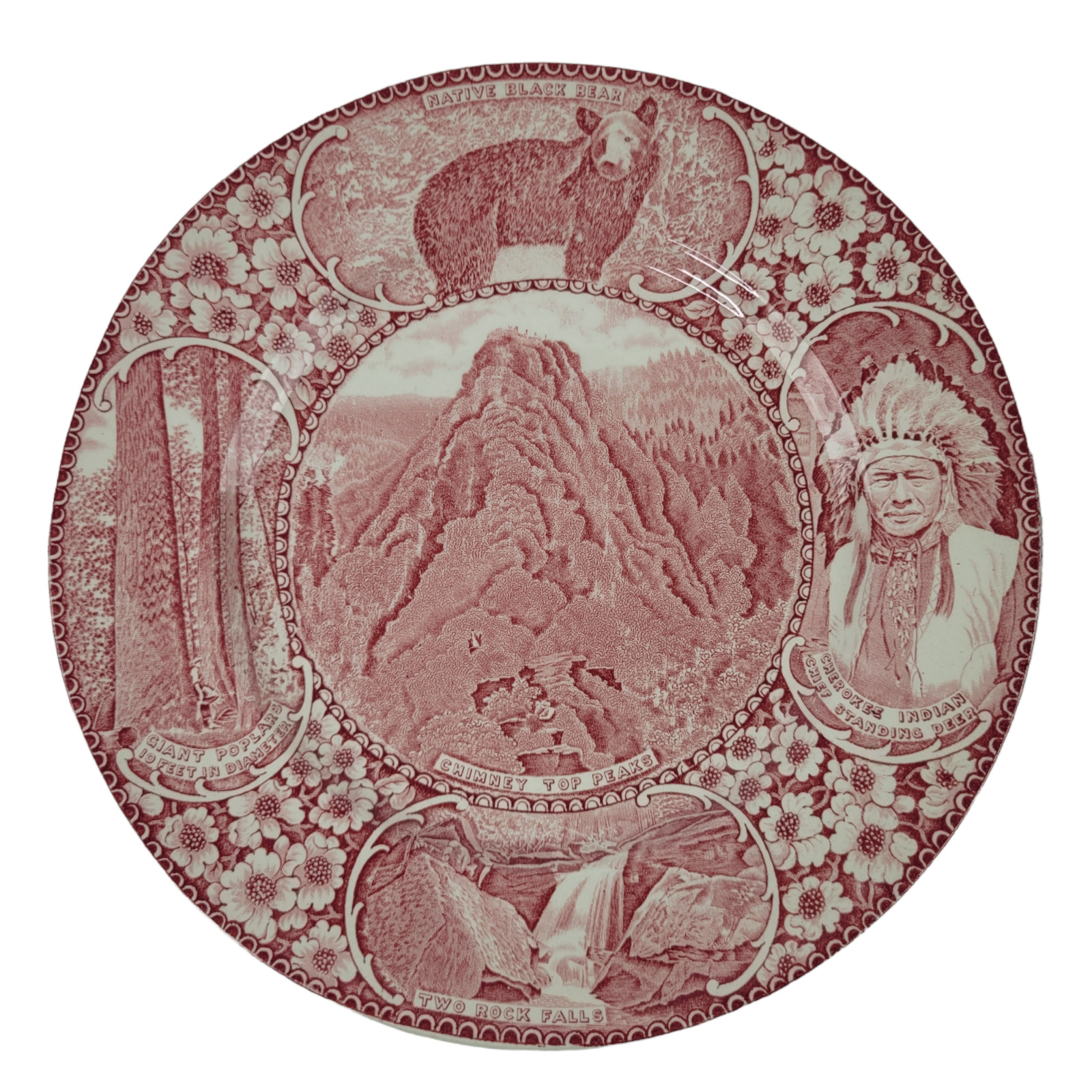 Red Transferware Plate Staffordshire Great Smoky Mountains National Park 9-3/4″