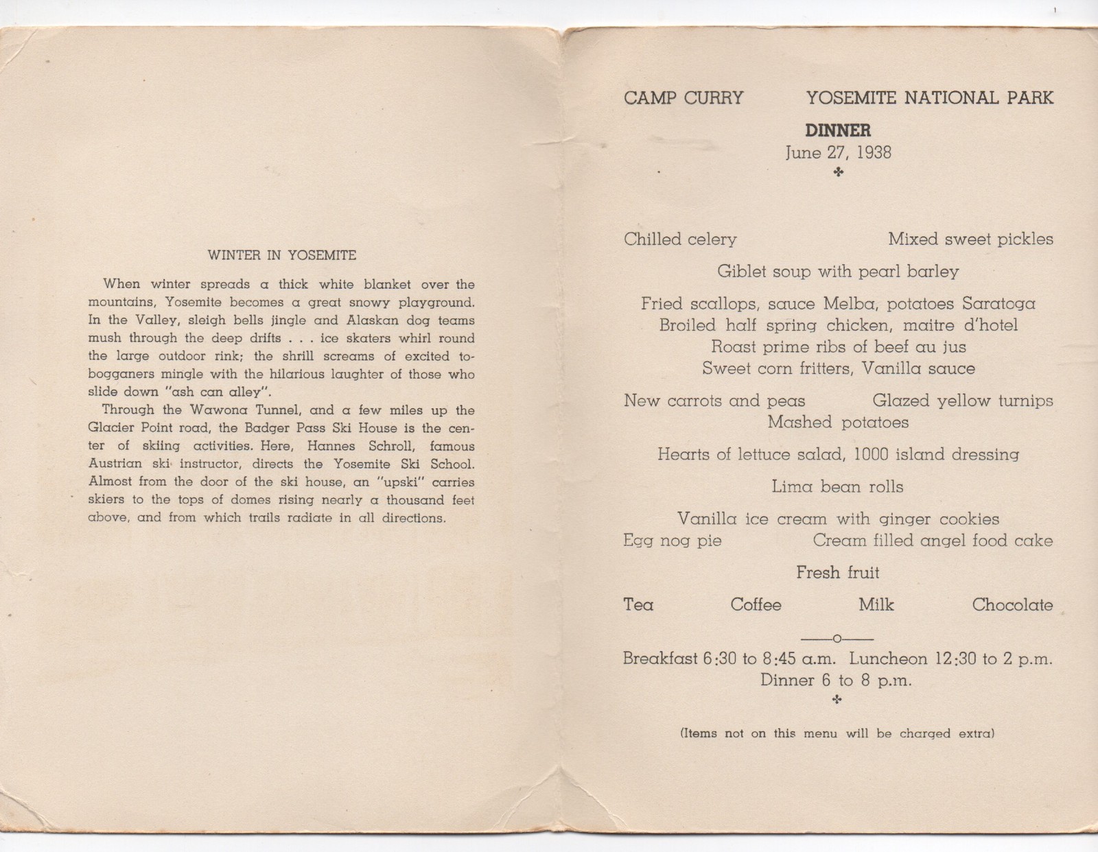 1938 Dinner Menu from Camp Curry Yosemite showing Sentinel Rock in Winter