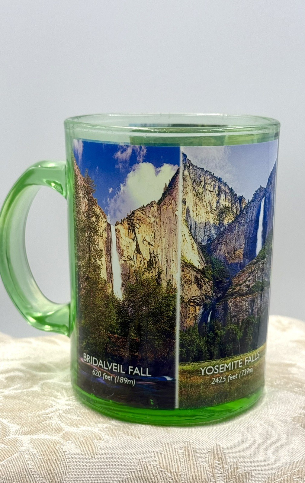 VTG Yosemite National Park & The Four Falls Park Green Glass Coffee Cup Mug
