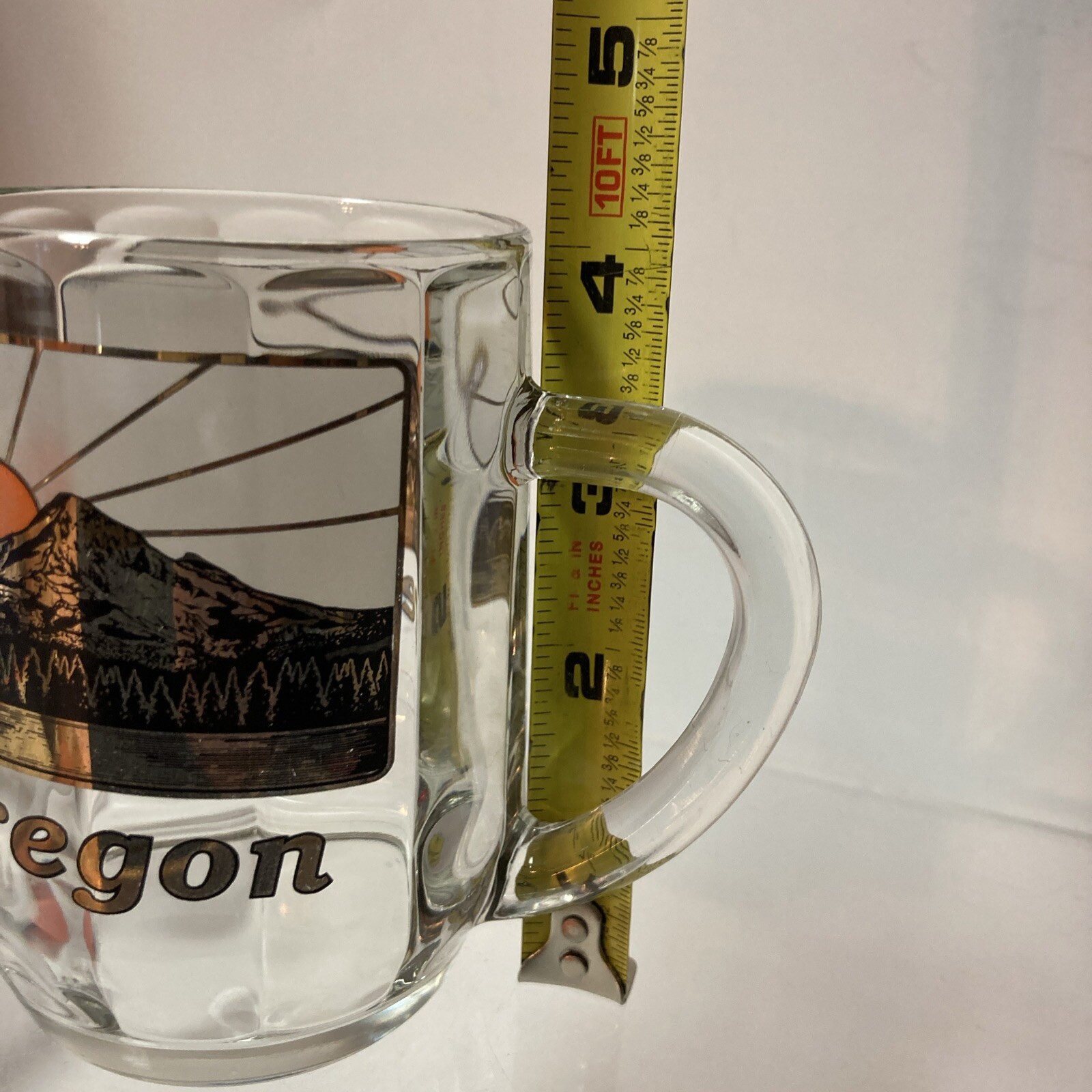 Oregon Coffee Mug Souvenir Glass 22K Gold Black Orange Mt. McLaughlin Sunset USA