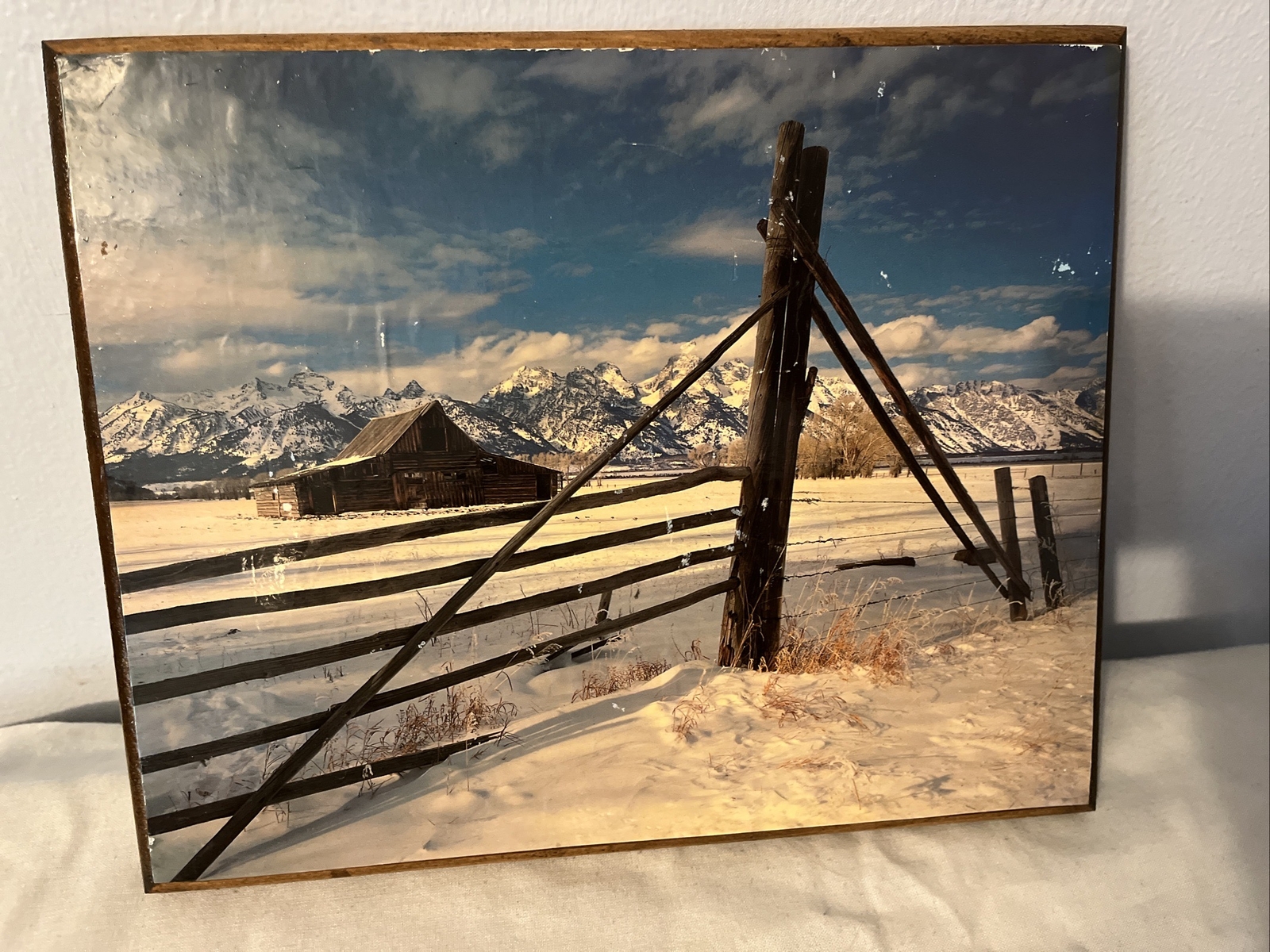 VINTAGE Snowy Mountain Log Cabin National Park Winter Scene WOODEN WALL PICTURE