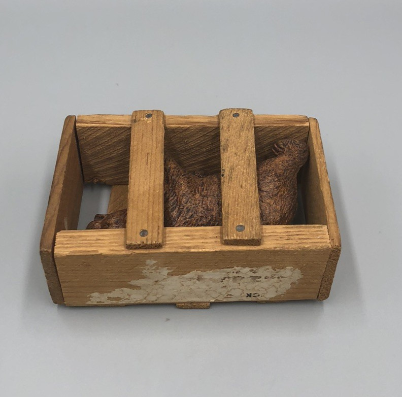 Good Luck Bear in Wood Crate Souvenir Yellowstone Park w/ Thomas Jefferson Stamp