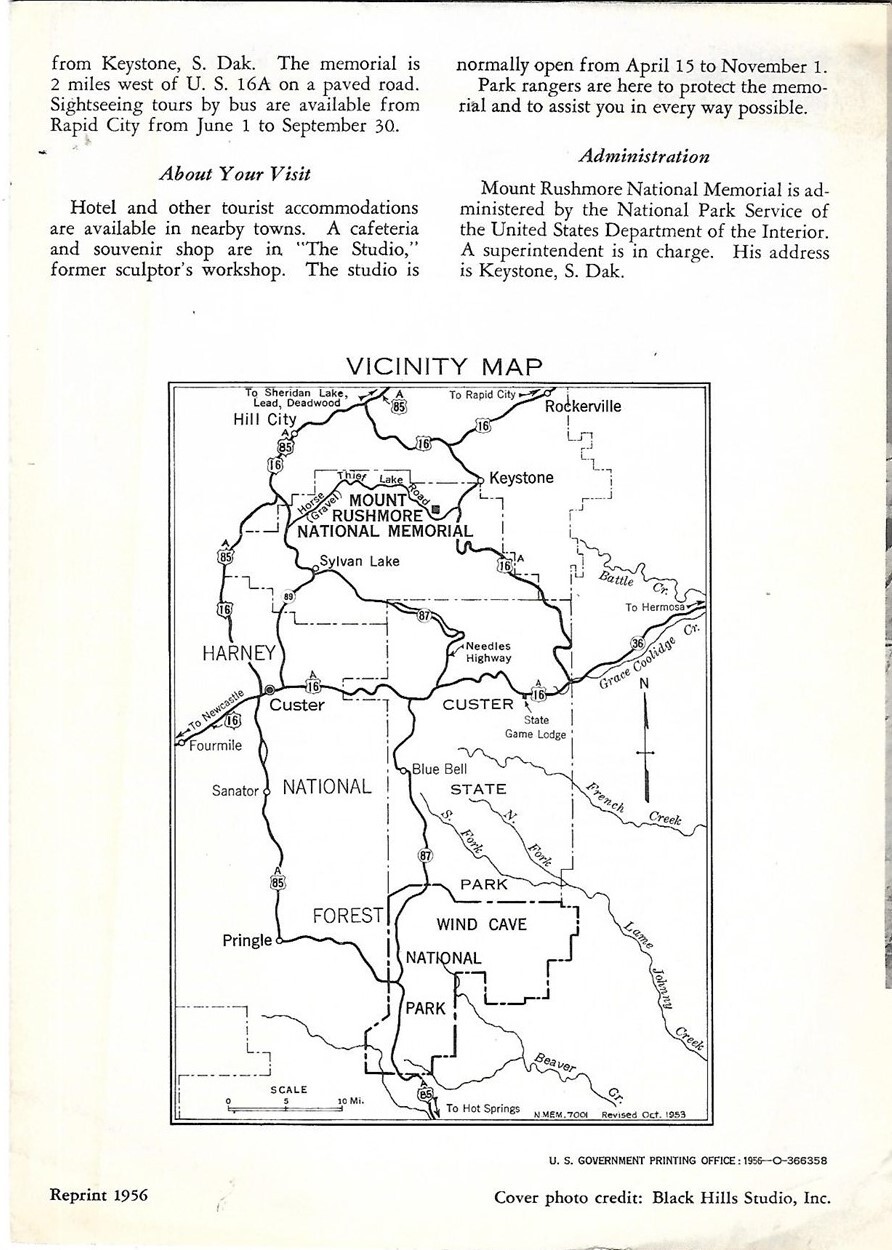 Official 1956 MOUNT RUSHMORE NATIONAL MEMORIAL South Dakota Map Leaflet Keystone