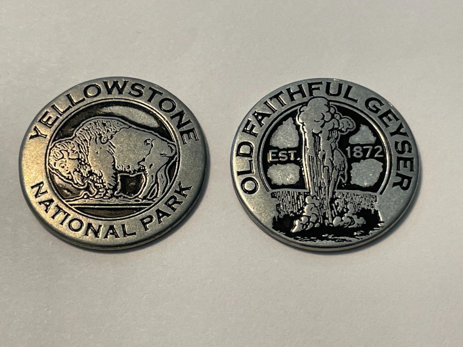 Yellowstone National Park Wyoming collector tokens Bison and Wolf Old Faithful