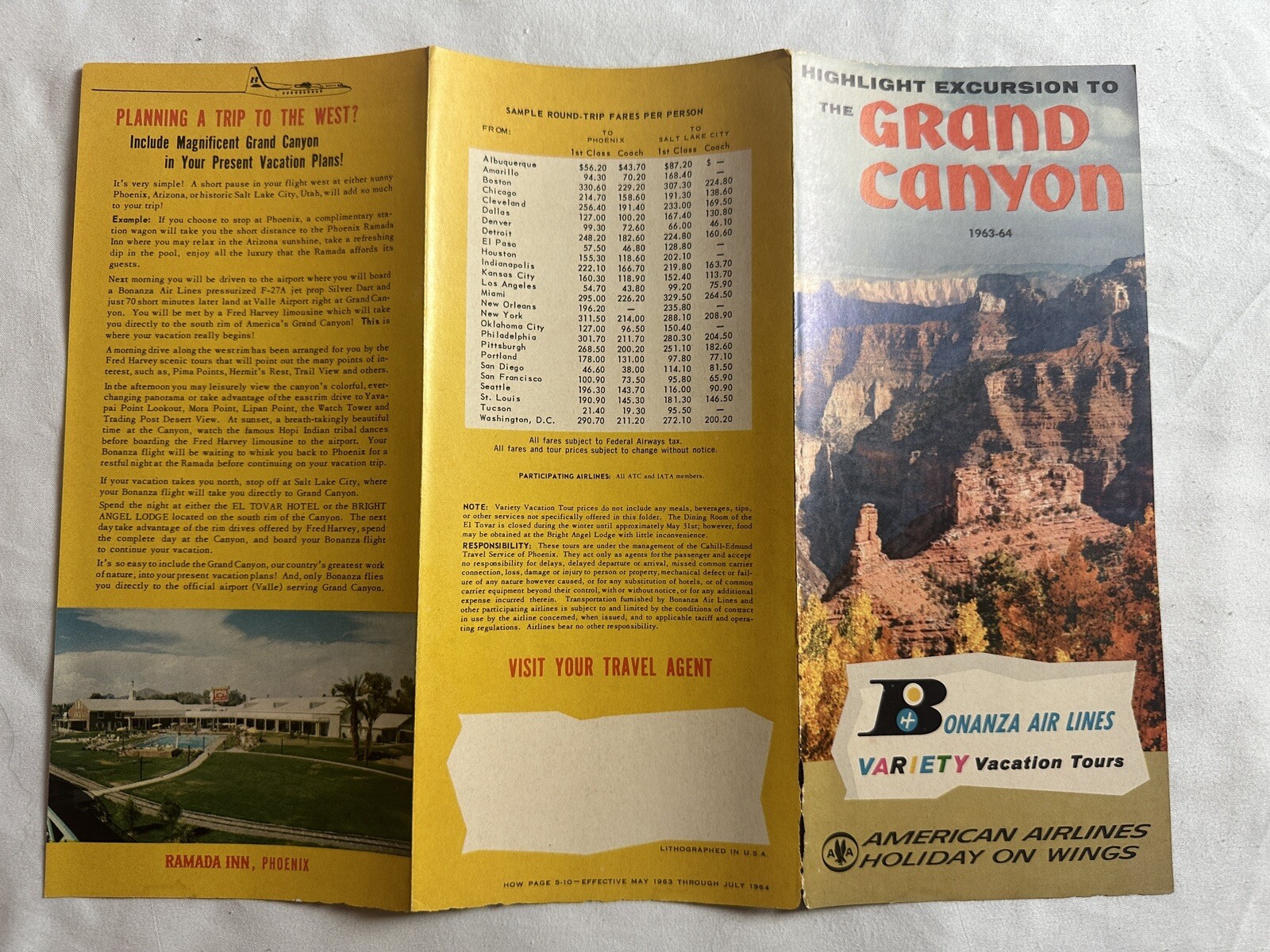 1963 Grand Canyon National Souvenir Travel Brochure American & Bonanza Airlines