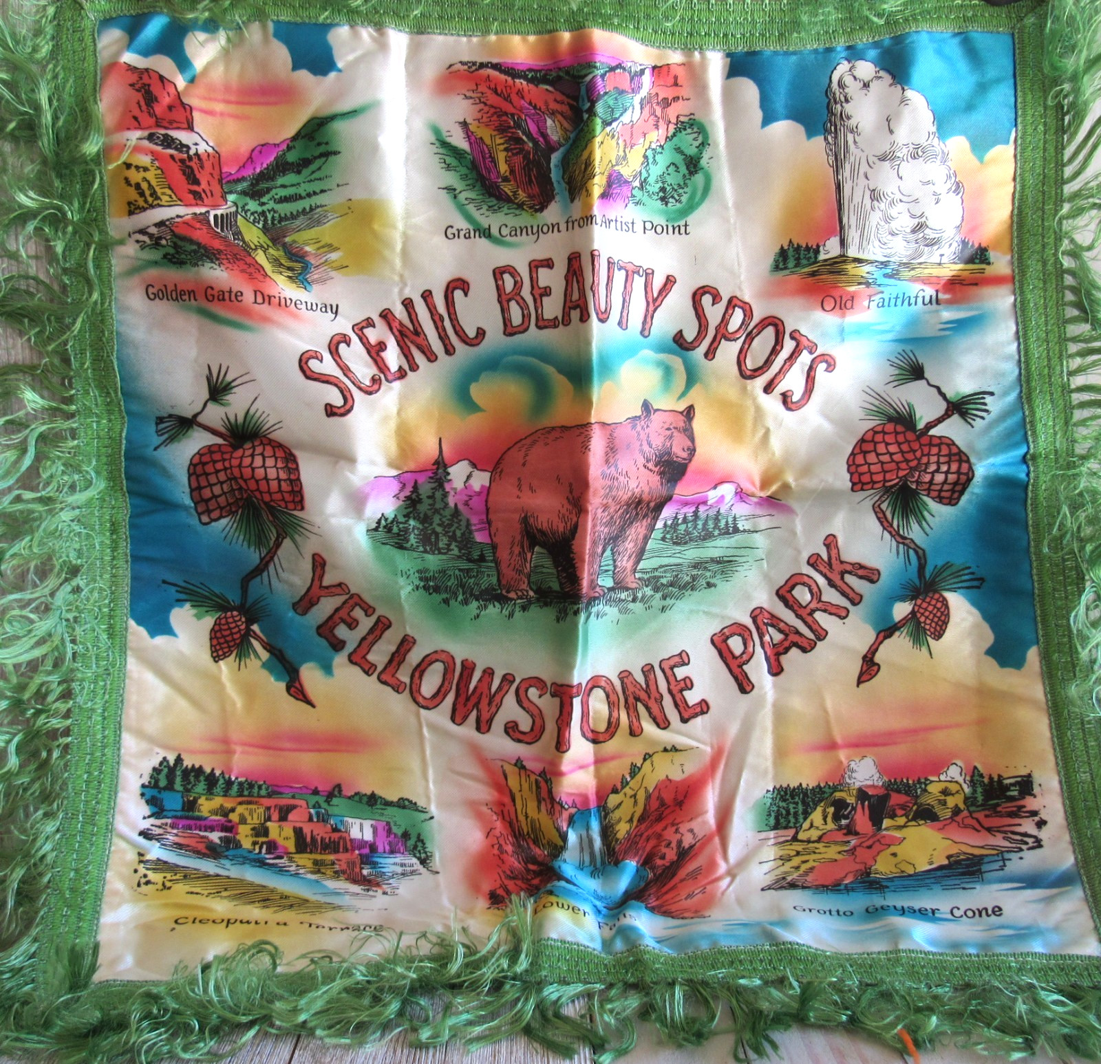 Vintage Souvenir Yellowstone National Park Pillow Cover Case Bear Geyser Fringe