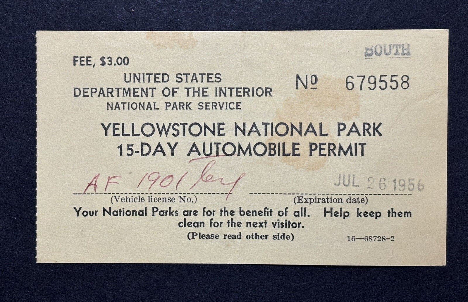 CAR PARKING PERMIT: 1956 YELLOWSTONE National Park Auto Permit