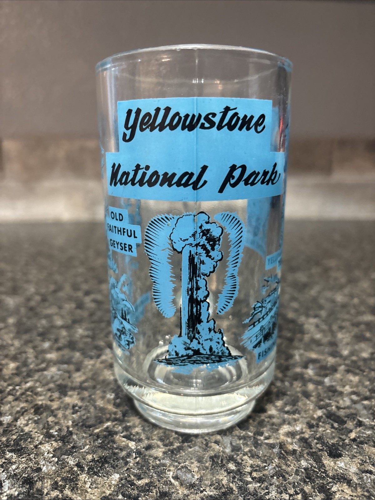 Vintage Blue and Black Yellowstone National Park Old Faithful Glass Mug souvenir