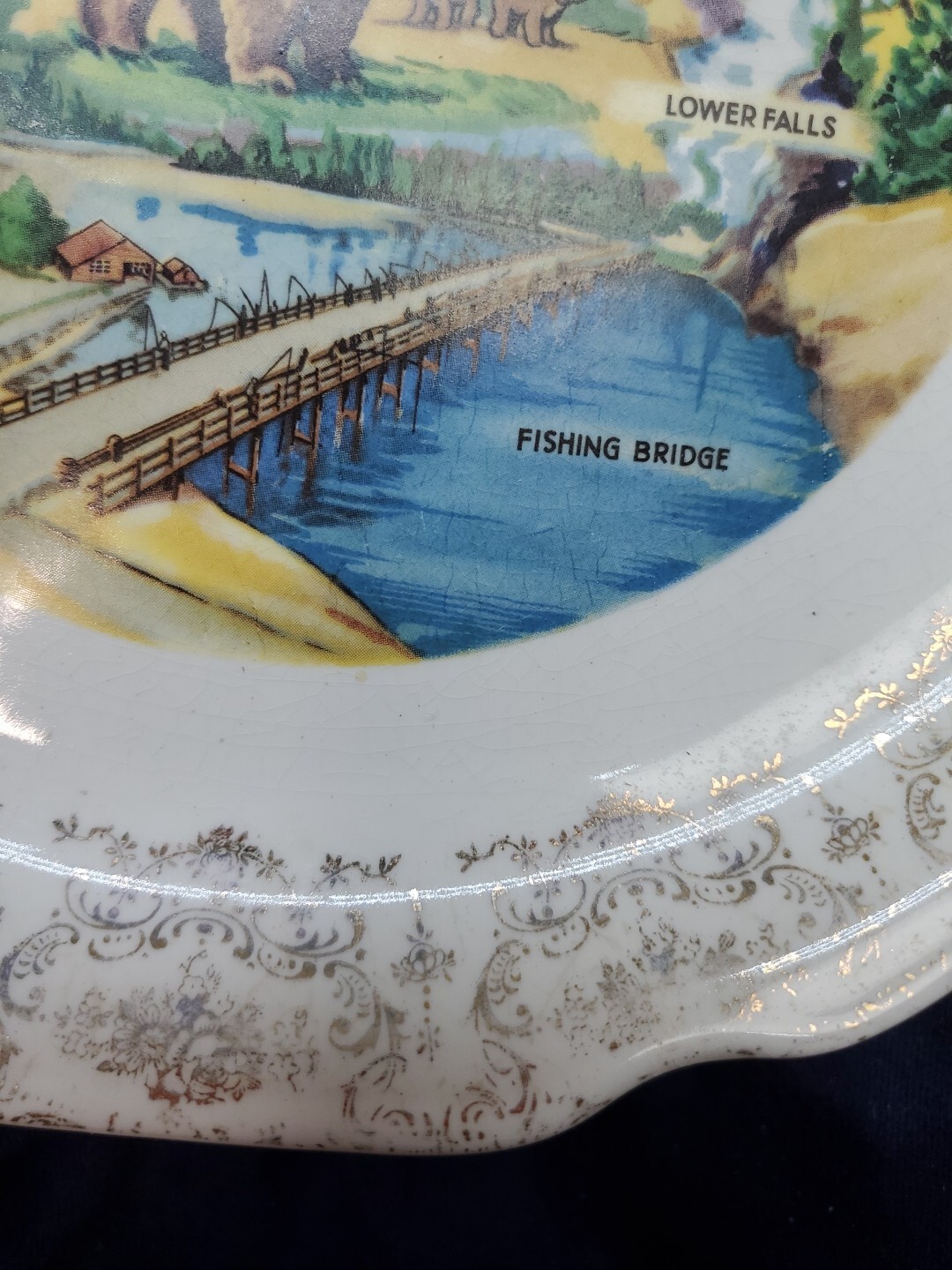 Vintage Yellowstone National Park Souvenir Plate 9” Gold Accents