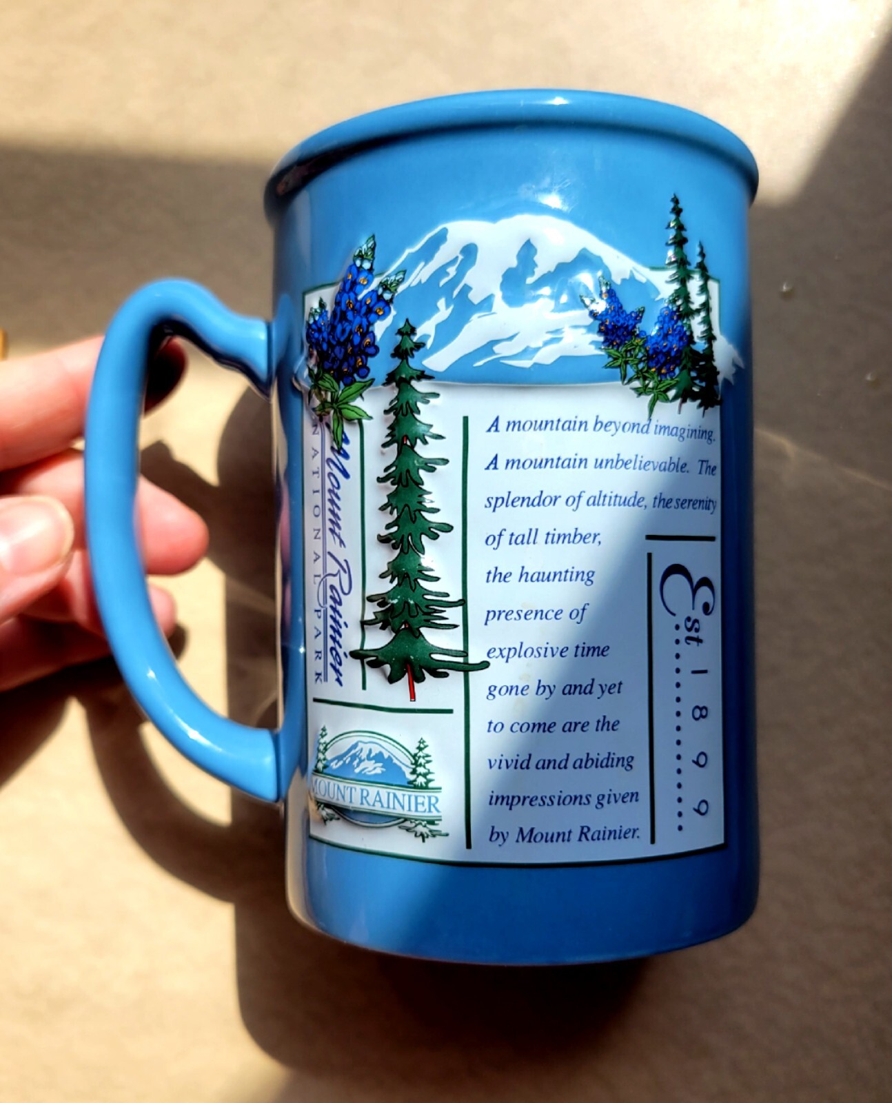 Mount Rainier National Park 14oz Souvenir Poem Coffee Mug Cup Blue Vtg 1990s
