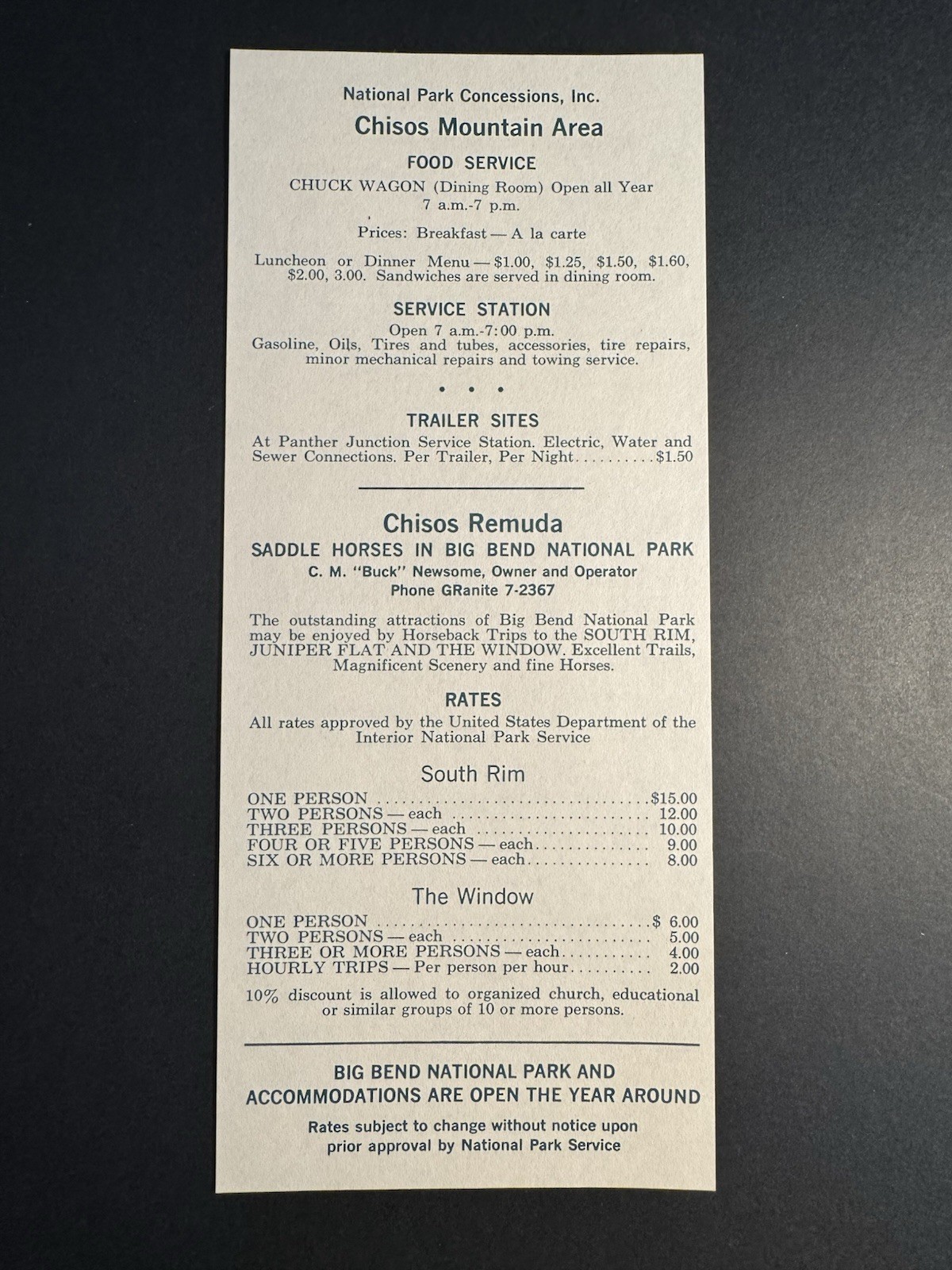 1950s Big Bend National Park Texas Brochure – Guide, Concessions