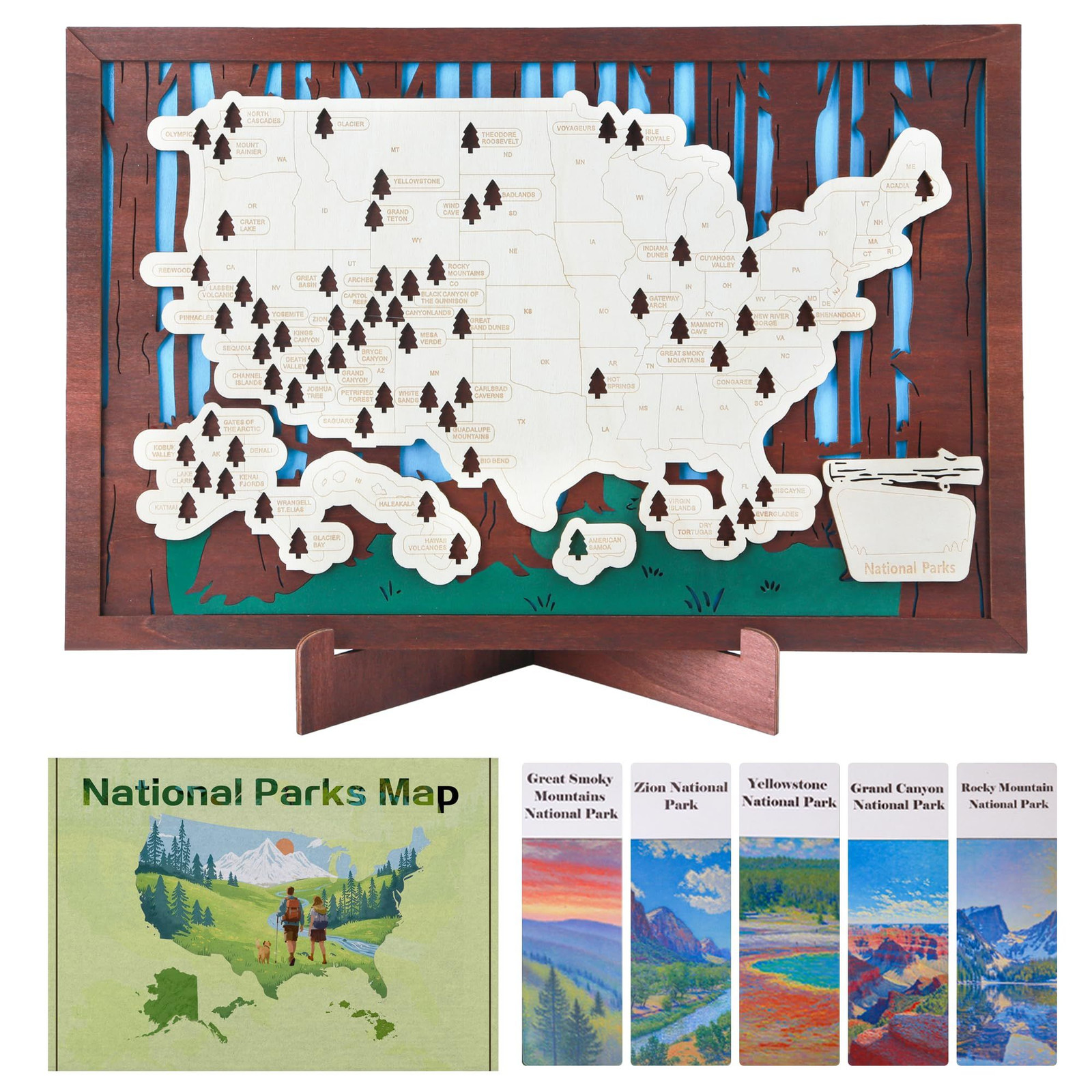 Wooden US National Parks Map Travel Tracker – 3-Layer 16.5 x 11″, Brown