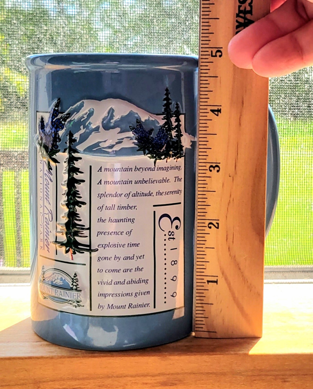 Mount Rainier National Park 14oz Souvenir Poem Coffee Mug Cup Blue Vtg 1990s
