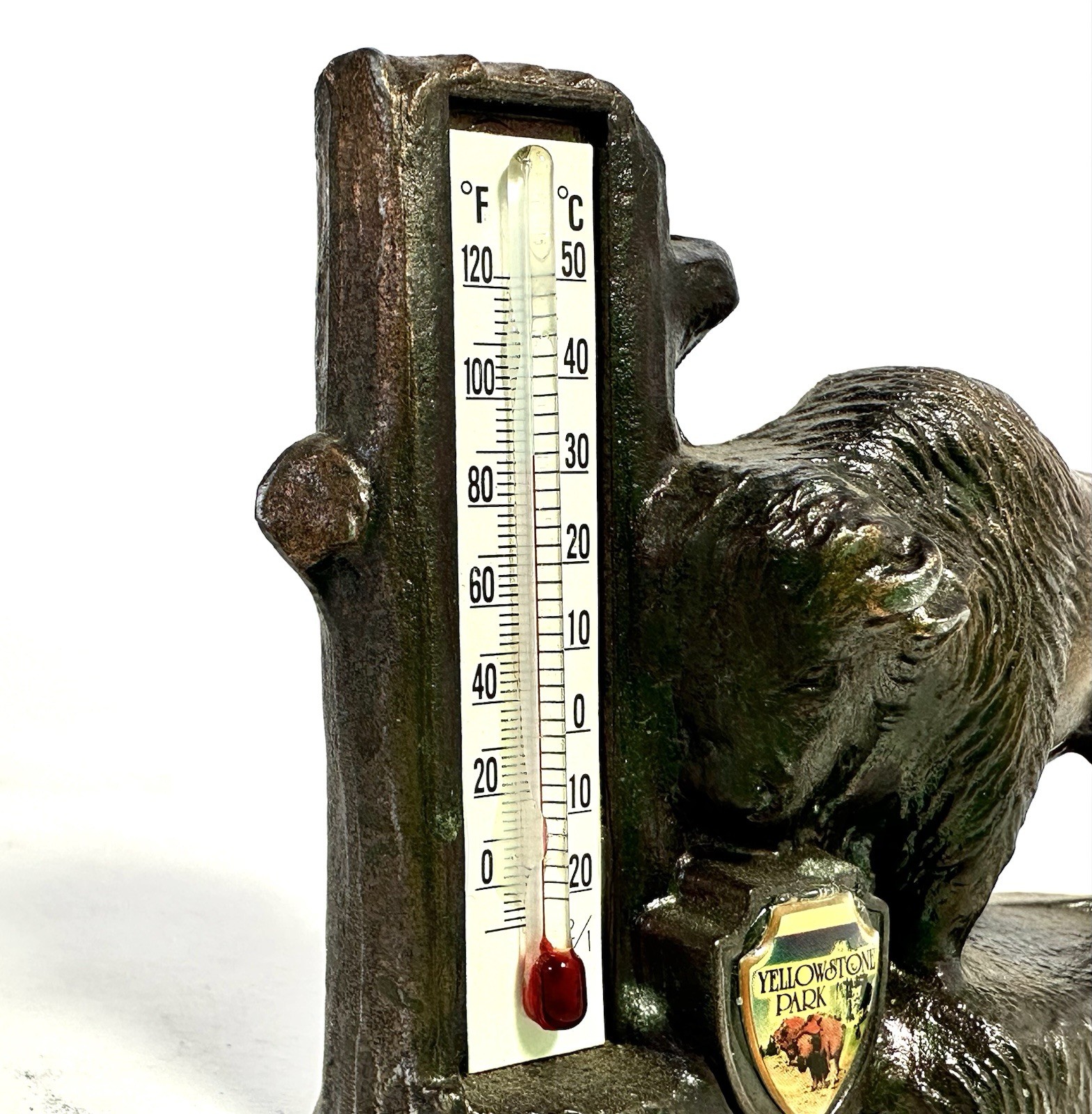Vintage Yellowstone Park Brass Buffalo Thermometer Travel Souvenir Figurine