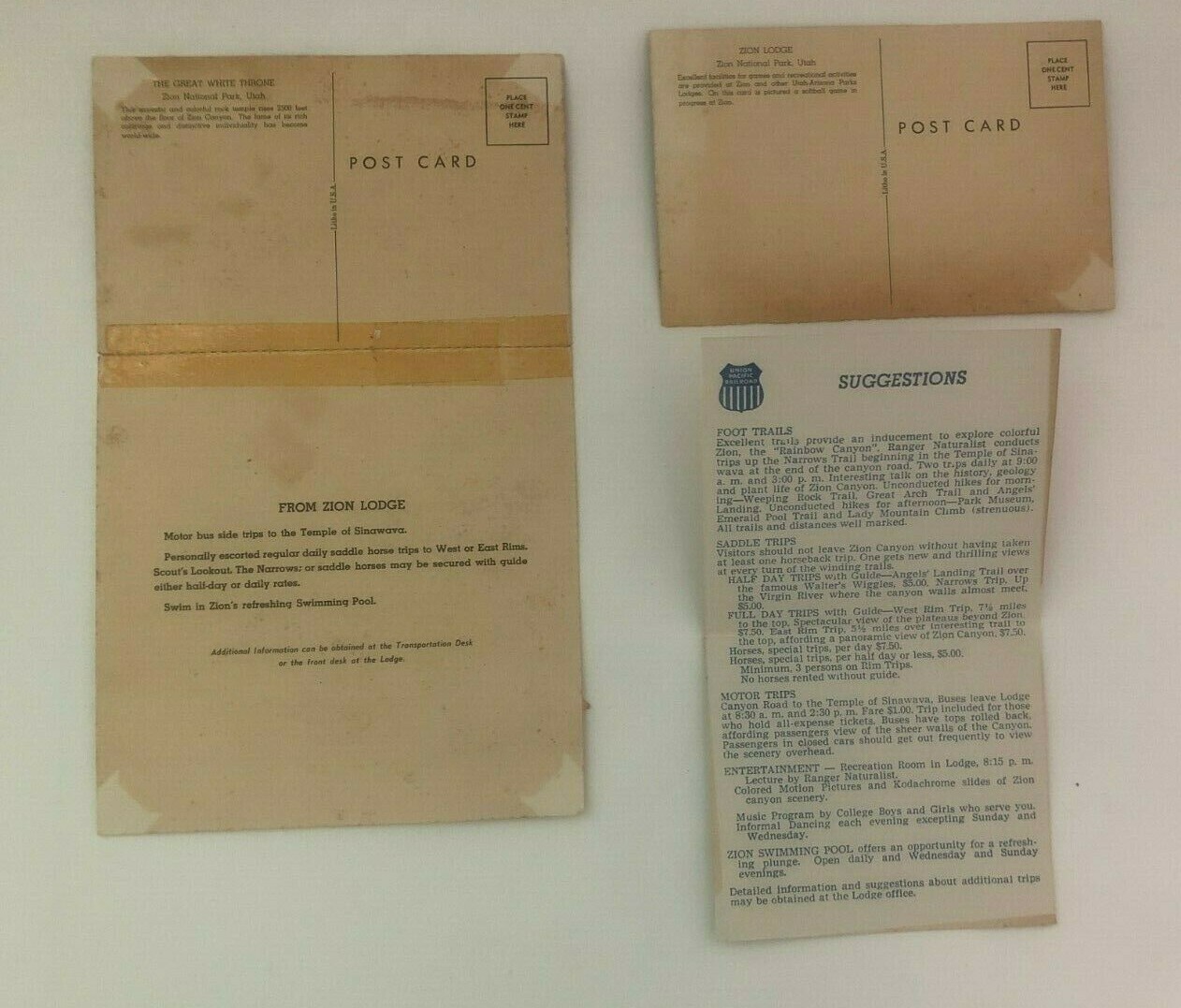 Lot Of 3 Zion National Park Utah Ephemera Menu Zion Lodge Map Post Cards 1951
