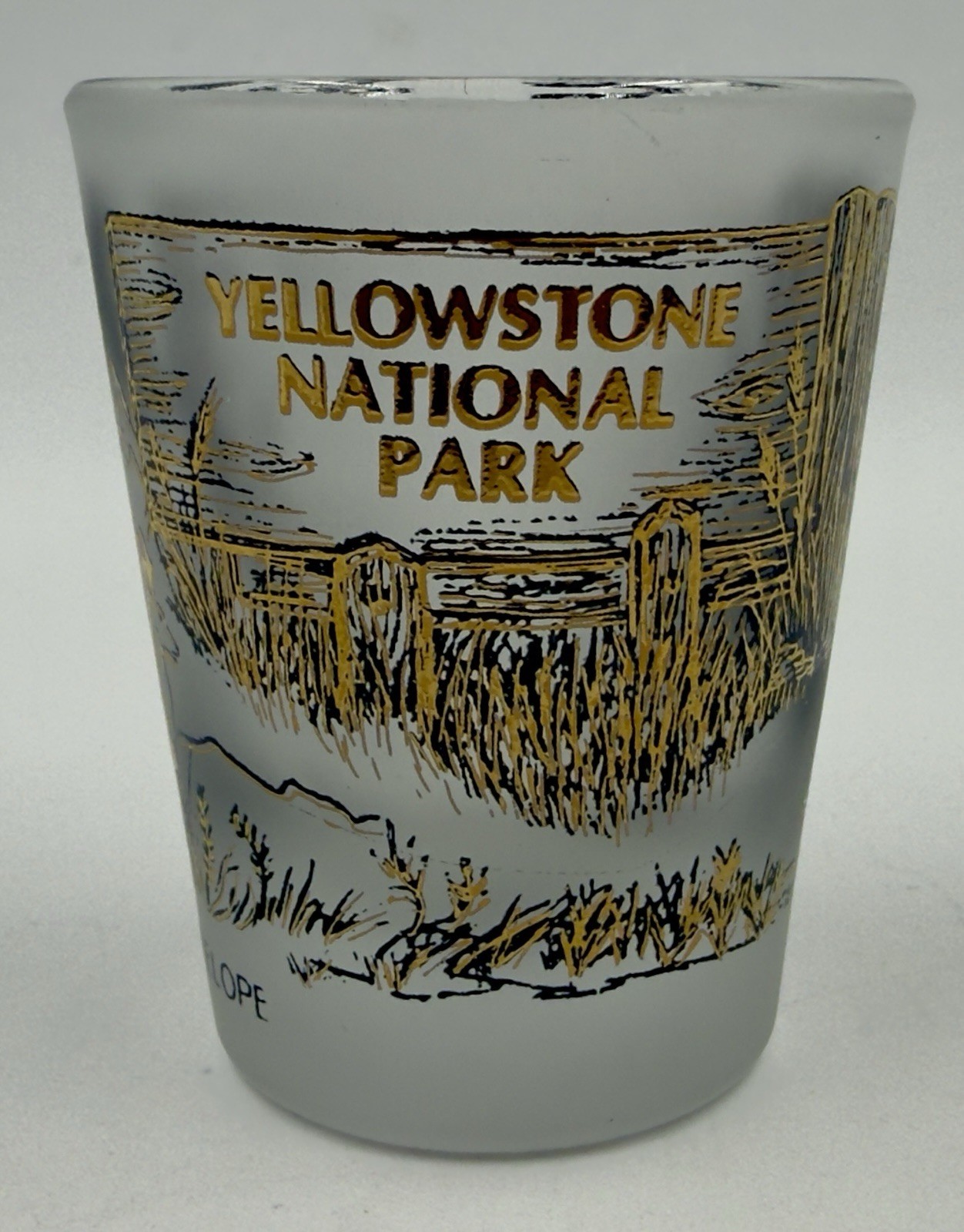 Yellowstone National Park Souvenir Shot Glass Black & 22K Gold A48 By Libbey