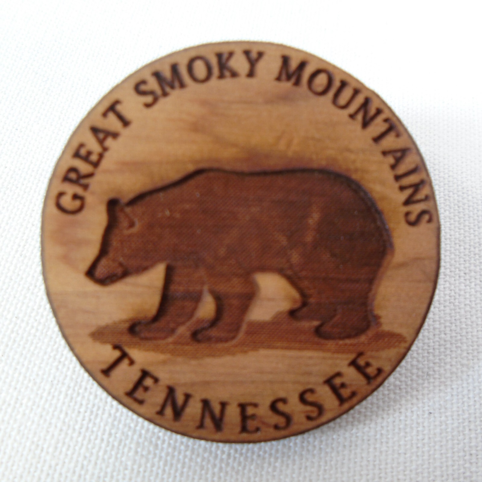 Great Smoky Mountains Bear Red Cedar Wood Round Lapel Pin National Park