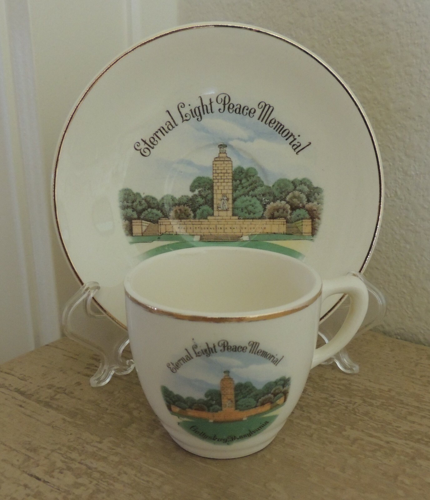 ETERNAL LIGHT Peace Memorial Gettysburg PA Souvenir Demitasse Cup & Saucer ENCO