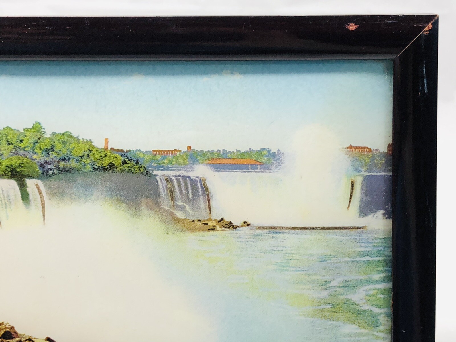 VTG Niagara Falls Lithograph Print Curved Glass Picture Wood Frame Stand Germany