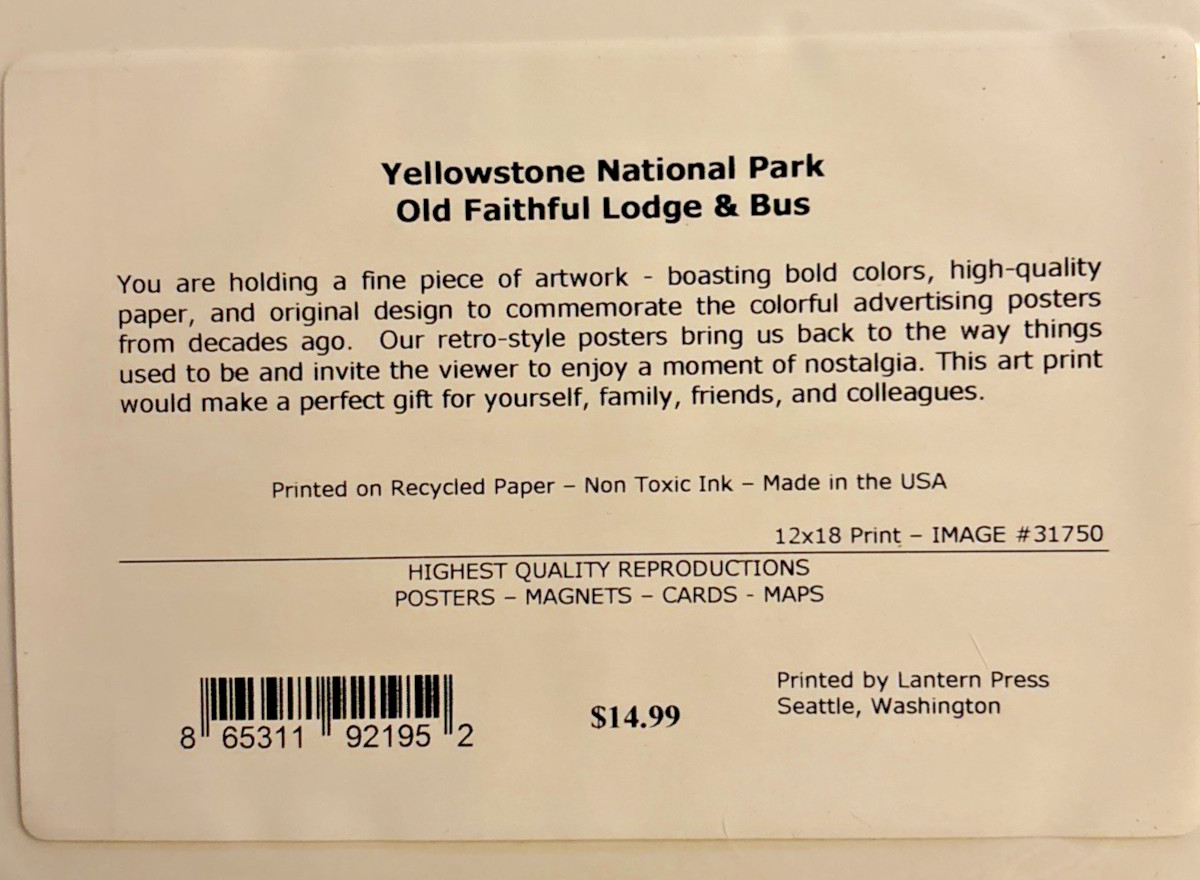 Yellowstone National Park Poster Old Faithful Inn New In Package