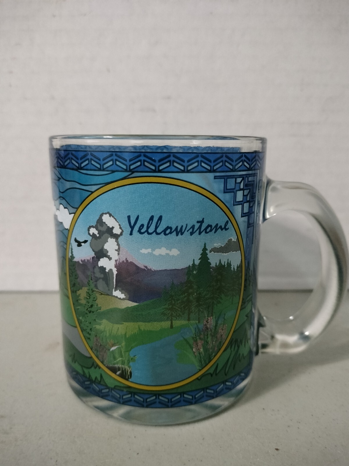 Vintage Yellowstone National Park Glass Coffee Mug Souvenir blue advertising