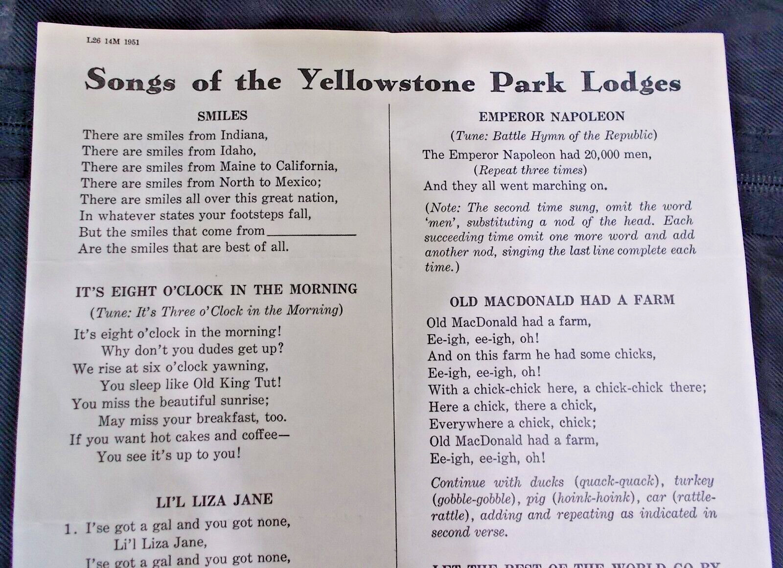 1951 “Songs of the Yellowstone Park Lodges” Song Sheet – Words to eight songs