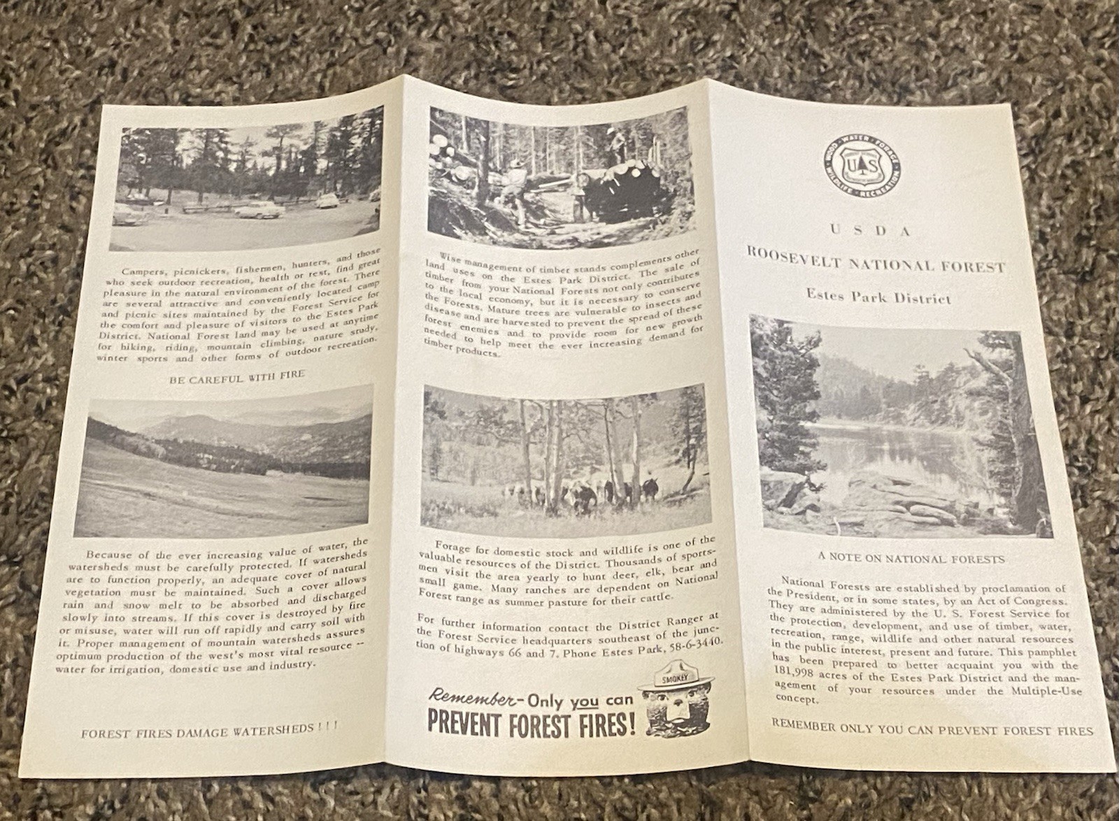 Vtg USDA Estes Park Roosevelt National Forest Brochure Map Smokey Bear Colorado