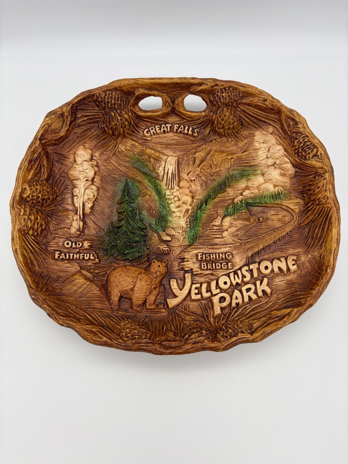 Vintage TACO Yellowstone Park Faux Wood Resin Wall Bowl Tray Old Faithful 11.5in