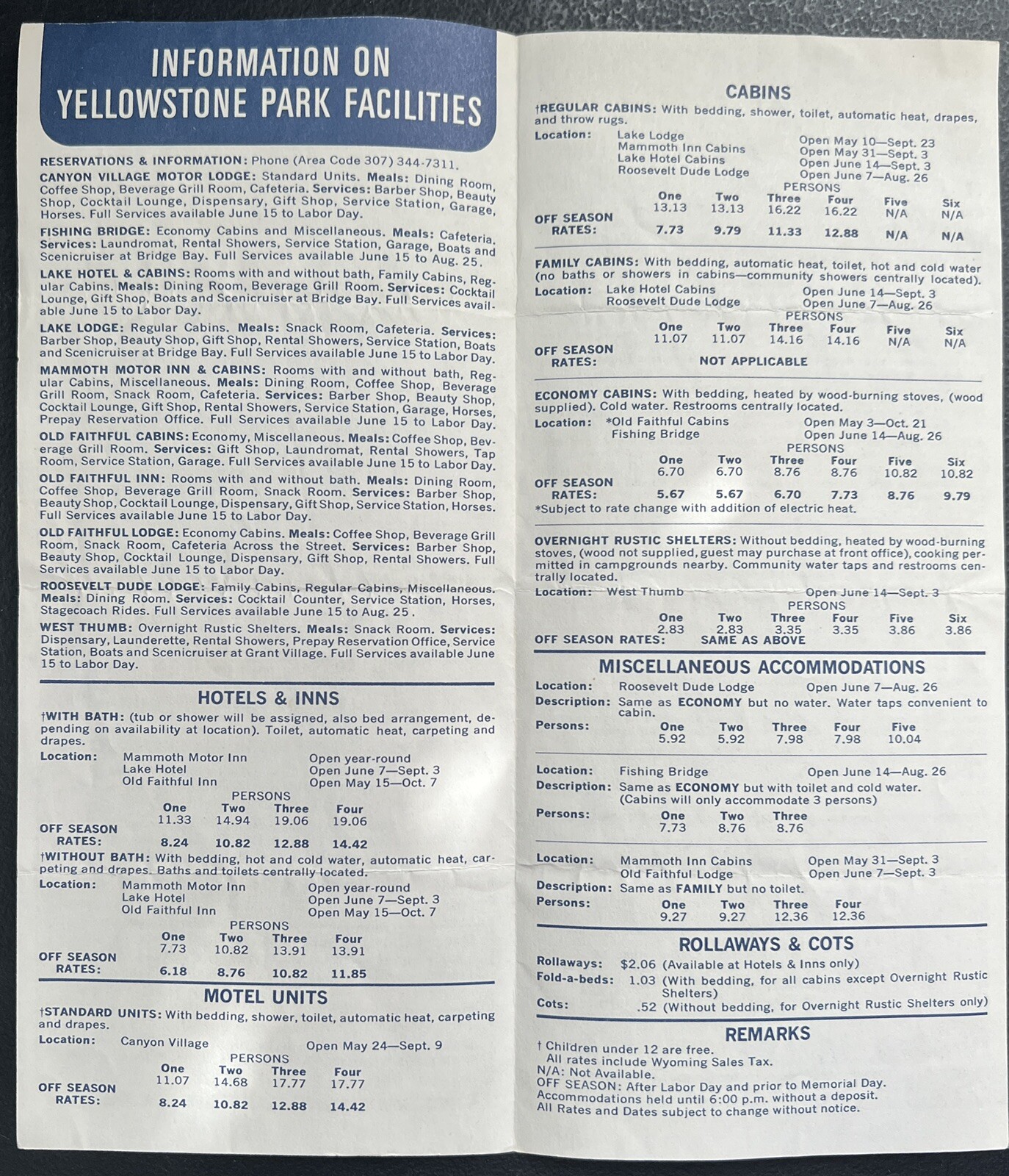 Yellowstone National Park Lodging 1968 Brochure Souvenir Ephemera History WY