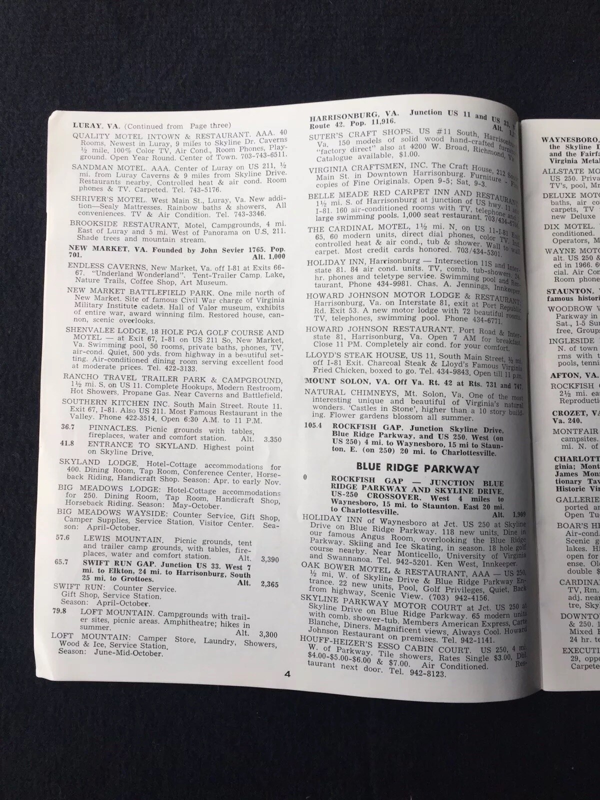 1970 Blue Ridge Parkway VA NC Travel Brochure Map Vintage 28pg Accommodations