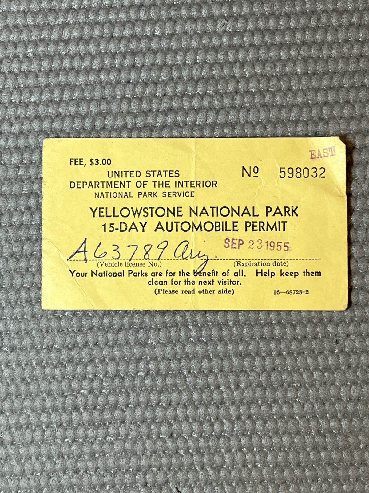 1955 YELLOWSTONE NATIONAL PARK 15 DAY AUTOMOBILE PERMIT Fee $3.00, Sept 23, 1955